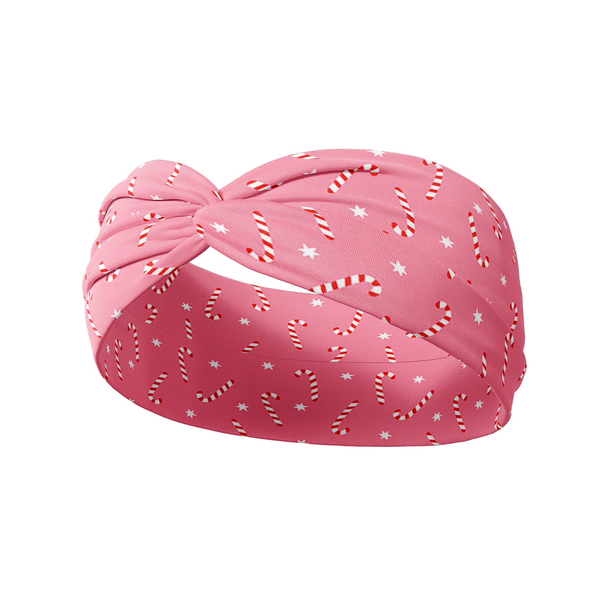 Candy Cane Cutie pink headband featuring candy canes and stars, versatile 3-in-1 twist style, buttery-soft, non-slip fabric, perfect for workouts or playdays.