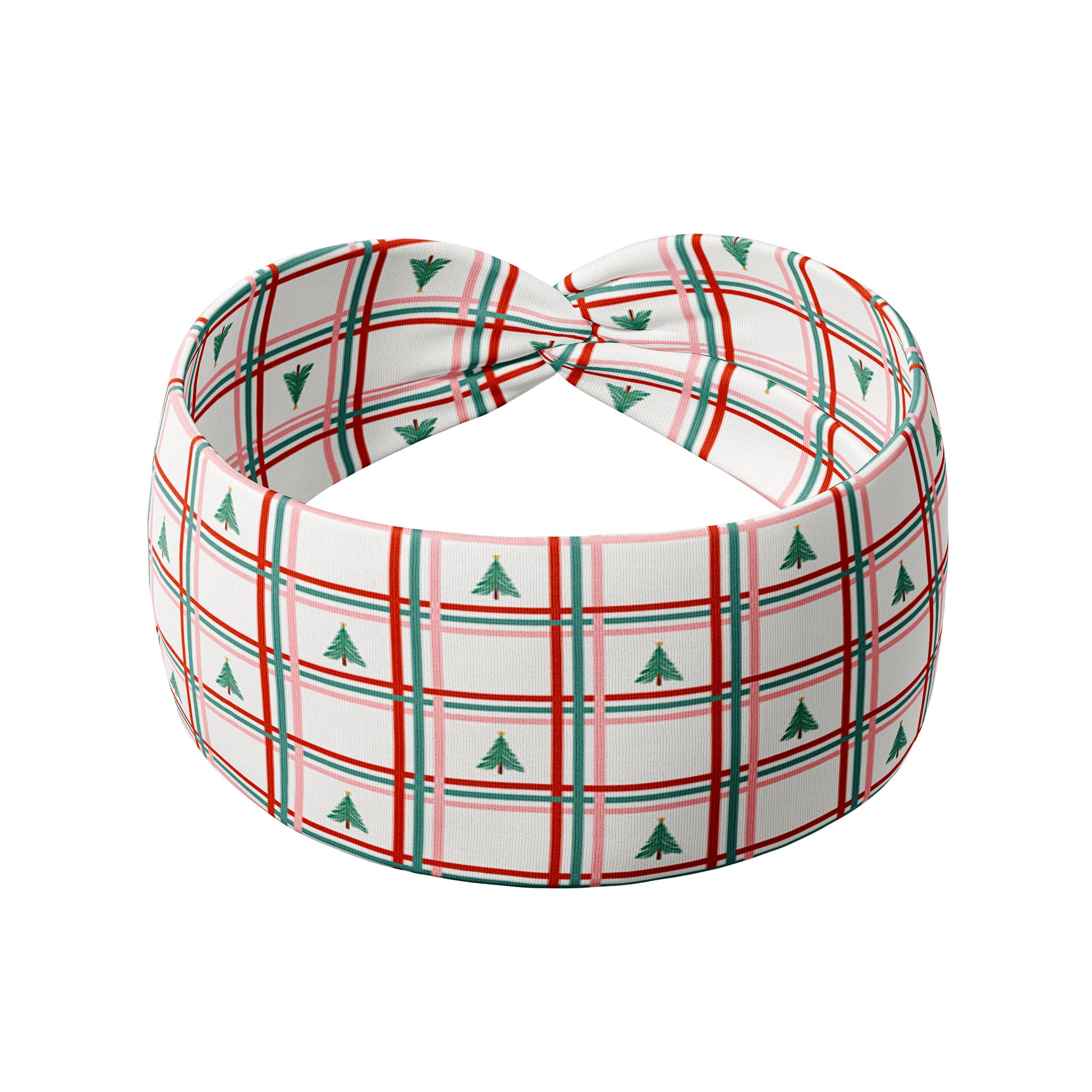 Been an Angel All Year white headband with red, green and pink plaid pattern and tiny trees, featuring a versatile 3-in-1 twist style, buttery-soft poly-knit blend, and non-slip, sweat-absorbent double-layer fabric.