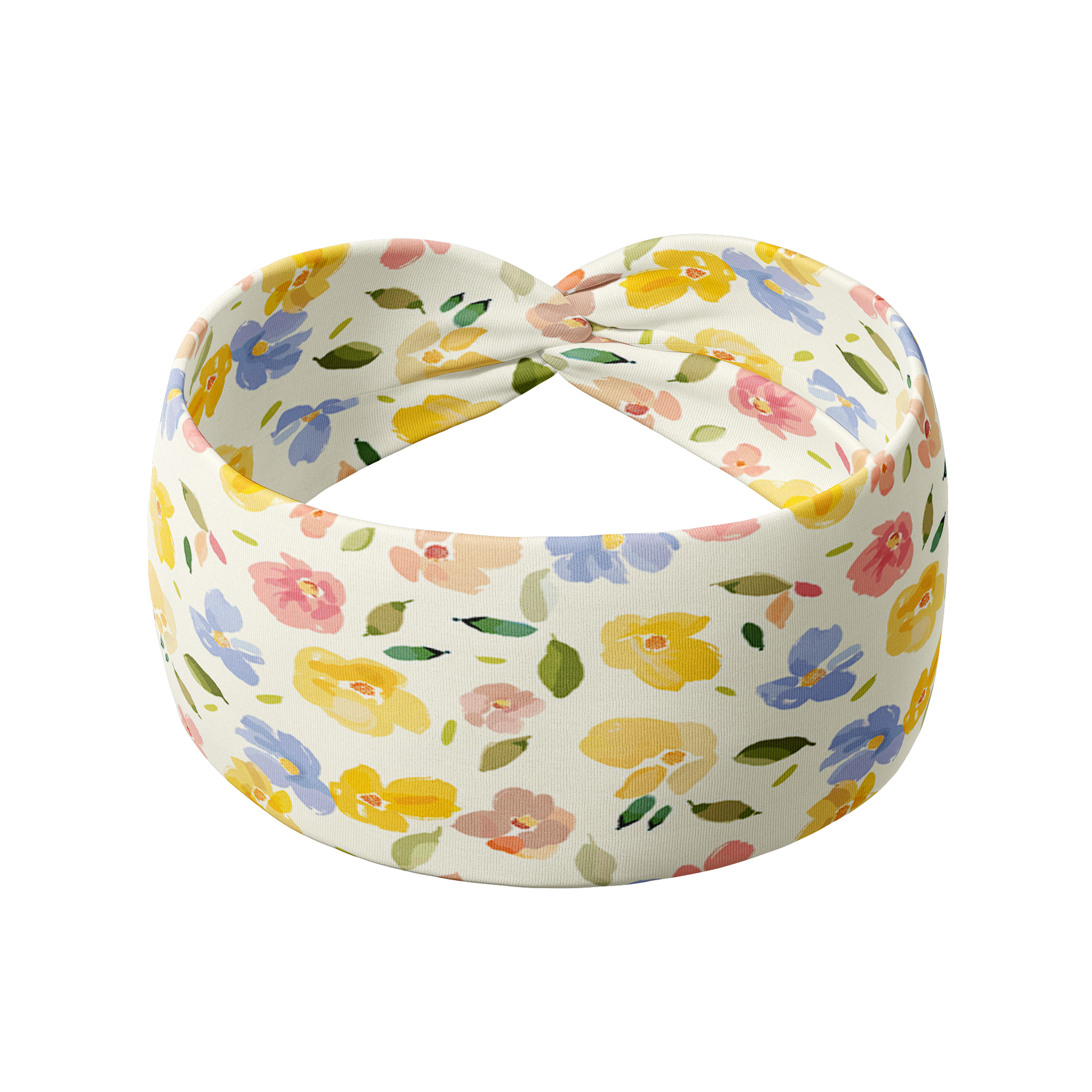 Juniper Floral on Ivory headband featuring watercolor flowers with periwinkle, pink and butter yellow, crafted from a buttery-soft, ultra-stretchy poly-knit blend, designed for versatility and comfort.