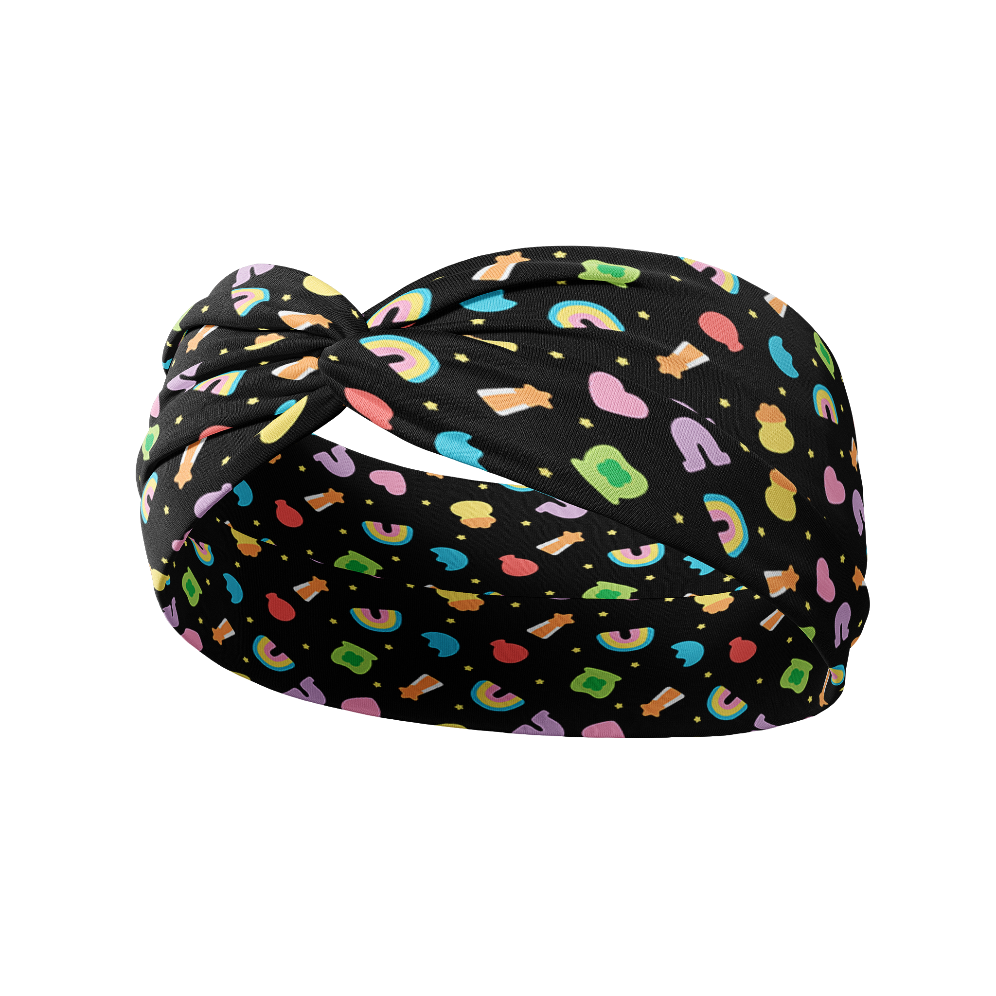 You're My Lucky Charm black headband featuring colorful Lucky Charms cereal designs with a twist-knot detail. Versatile, non-slip, buttery-soft fabric for workouts or daily wear.