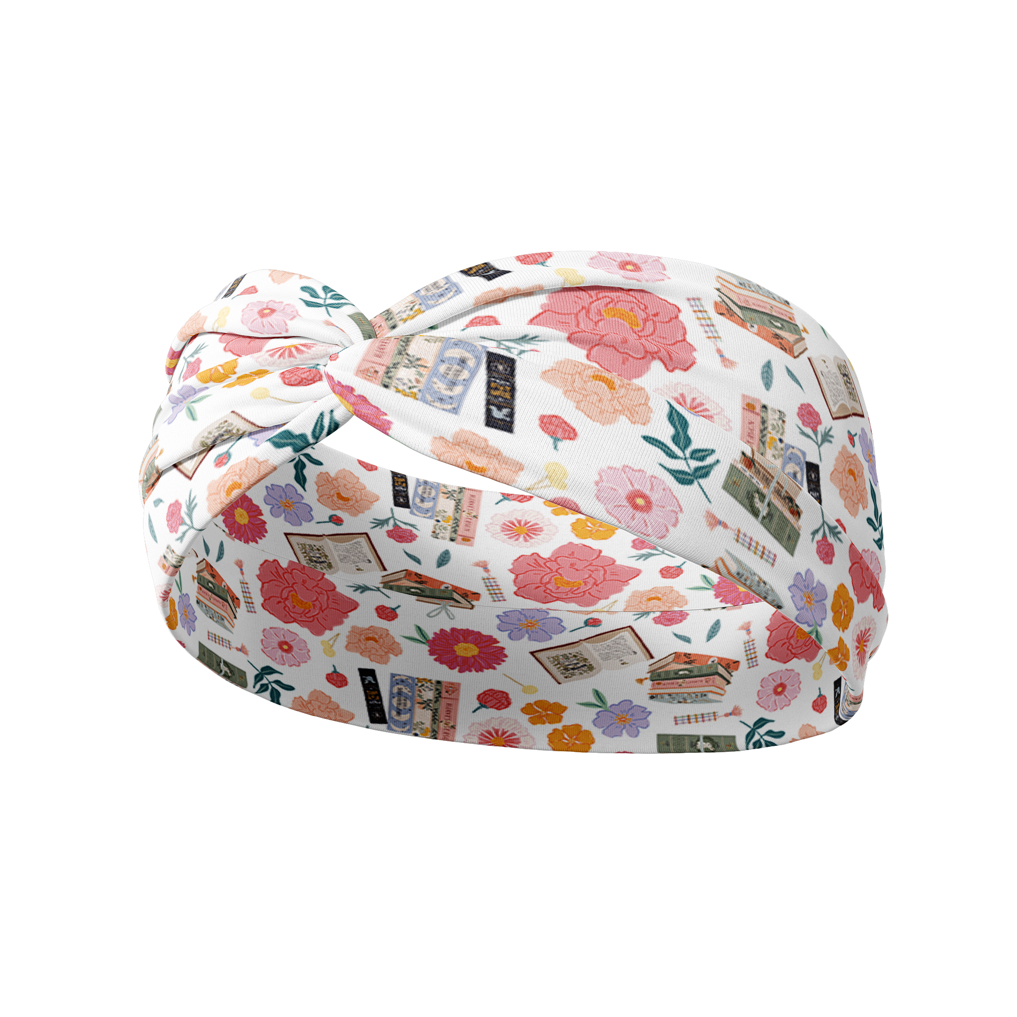 Pretty Pages white headband featuring book and flower design, crafted from a buttery-soft, ultra-stretchy poly-knit blend, designed for reliable non-slip comfort.