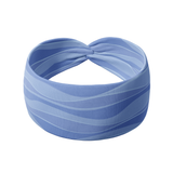 Sky Blue Flow headband with monochromatic waves and white lines, designed for versatility and comfort with a stretchy, ultra-soft fabric that's perfect for any workout or or outfit.