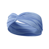 Sky Blue Flow headband with monochromatic waves and white lines, designed for versatility and comfort with a stretchy, ultra-soft fabric that's perfect for any workout or or outfit.