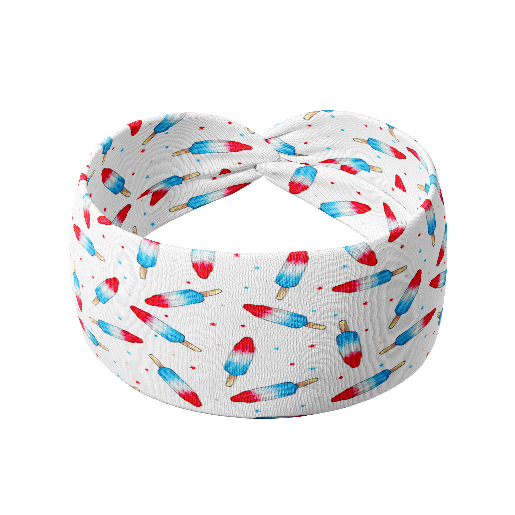 Stay Cool white headband featuring bomb-pop popsicles with tiny stars, crafted from a buttery-soft, ultra-stretchy poly-knit blend, the most comfortable hair accessory ever.