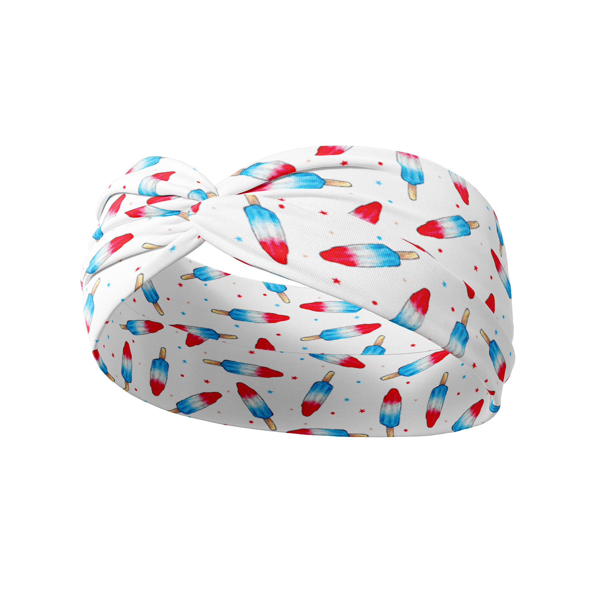 Stay Cool white headband featuring bomb-pop popsicles with tiny stars, crafted from a buttery-soft, ultra-stretchy poly-knit blend, the most comfortable hair accessory ever.