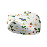 Hungry for Reading white headband featuring artistic gold, green and red dragons, crafted from a buttery-soft, ultra-stretchy poly-knit blend, designed for reliable non-slip comfort.