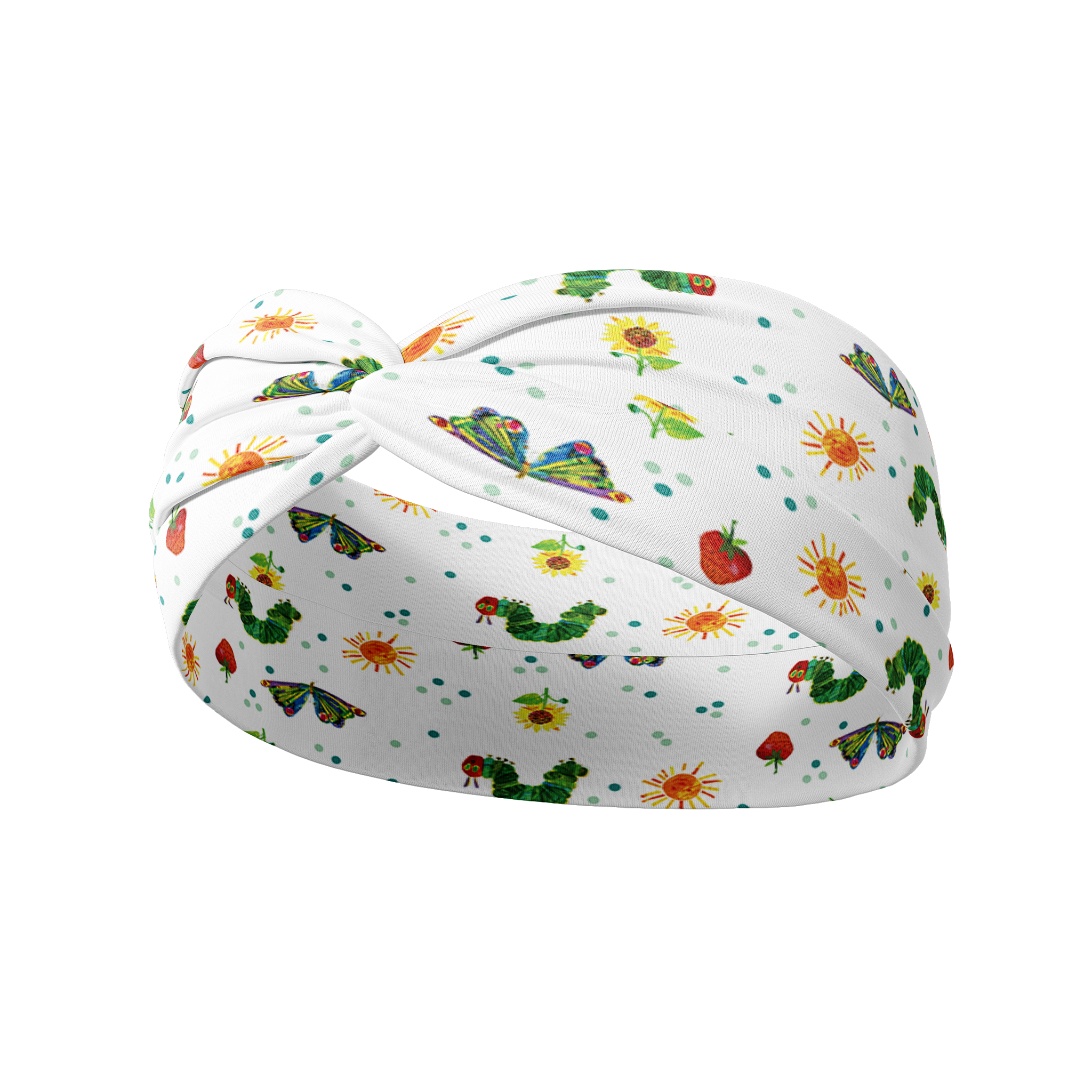 Hungry for Reading white headband featuring artistic gold, green and red dragons, crafted from a buttery-soft, ultra-stretchy poly-knit blend, designed for reliable non-slip comfort.