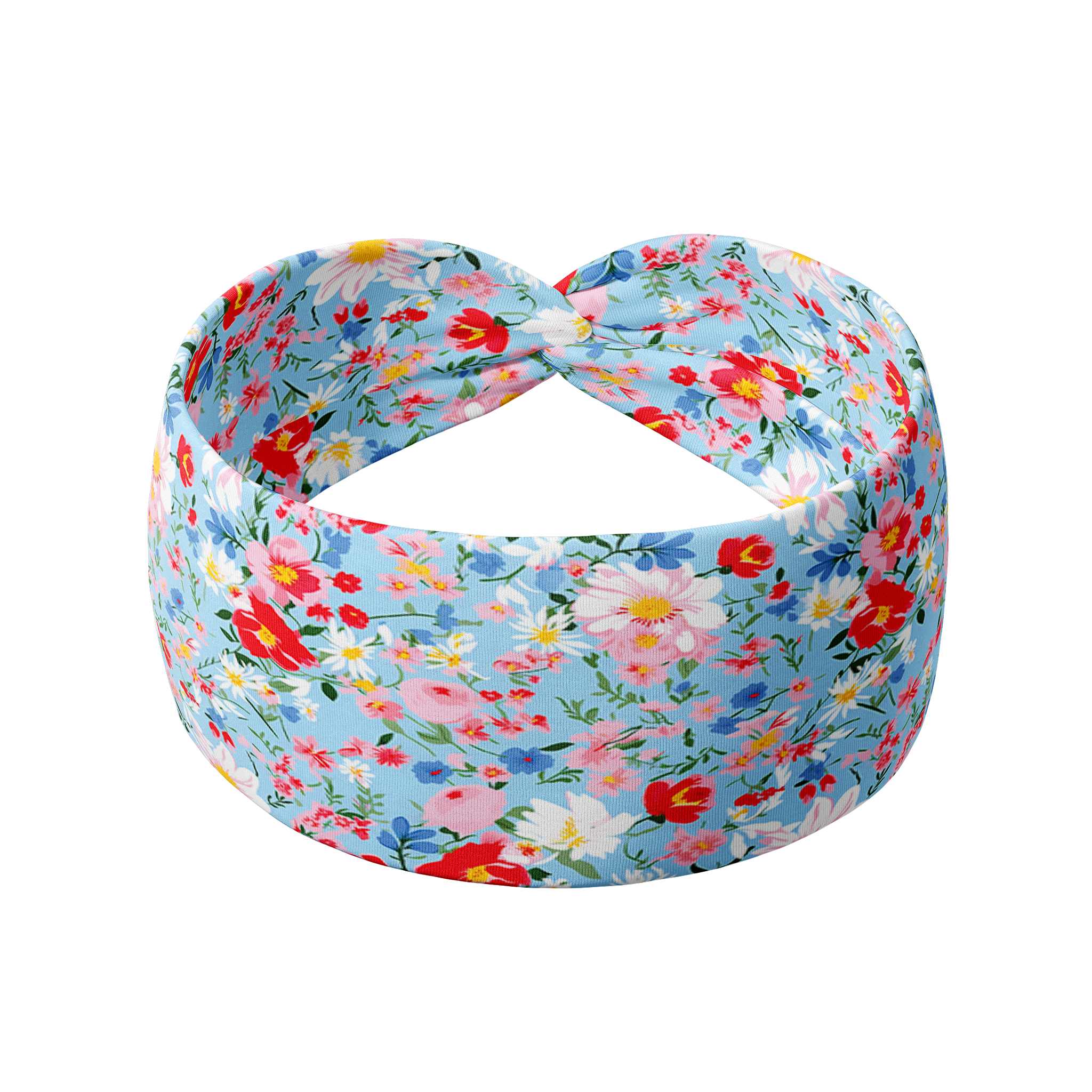 Zoey Floral on Sky Blue headband featuring a blue headband with pink, red and blue flowers, crafted from a buttery-soft, ultra-stretchy poly-knit blend, designed for versatility and comfort.