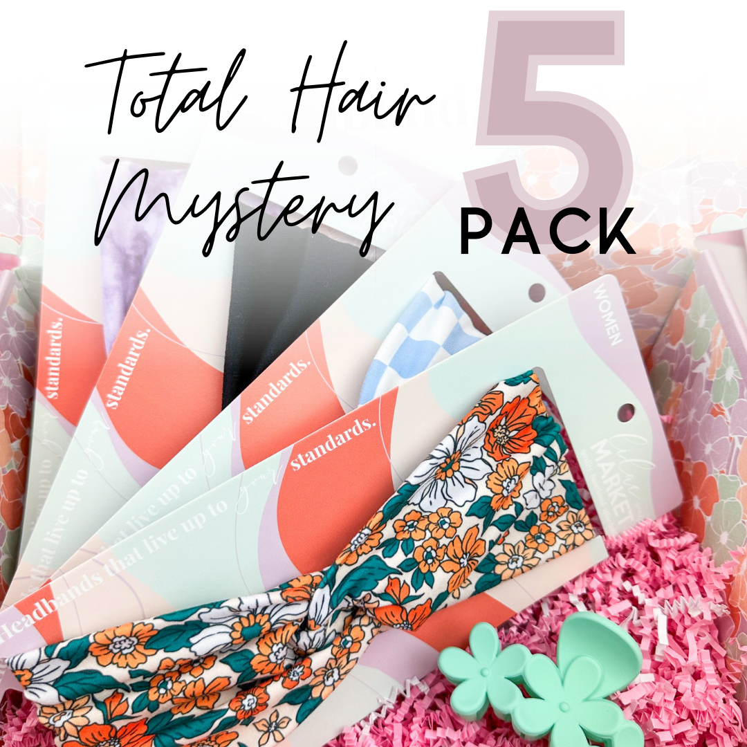 Adult women's mystery 5-pack with four surprise headbands and one surprise hair clip