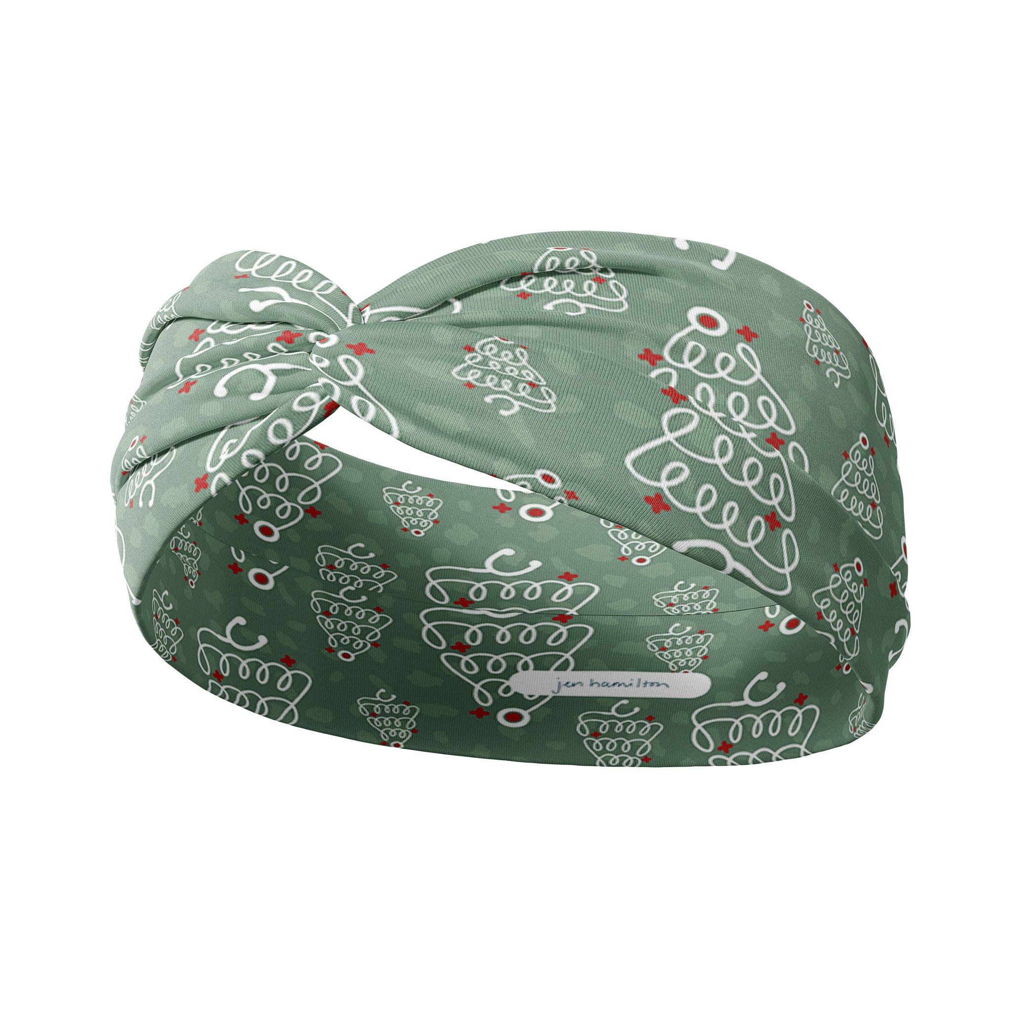 Adult women's sage headband with slightly lighter sage spots and white stethoscopes in the shape of Christmas trees