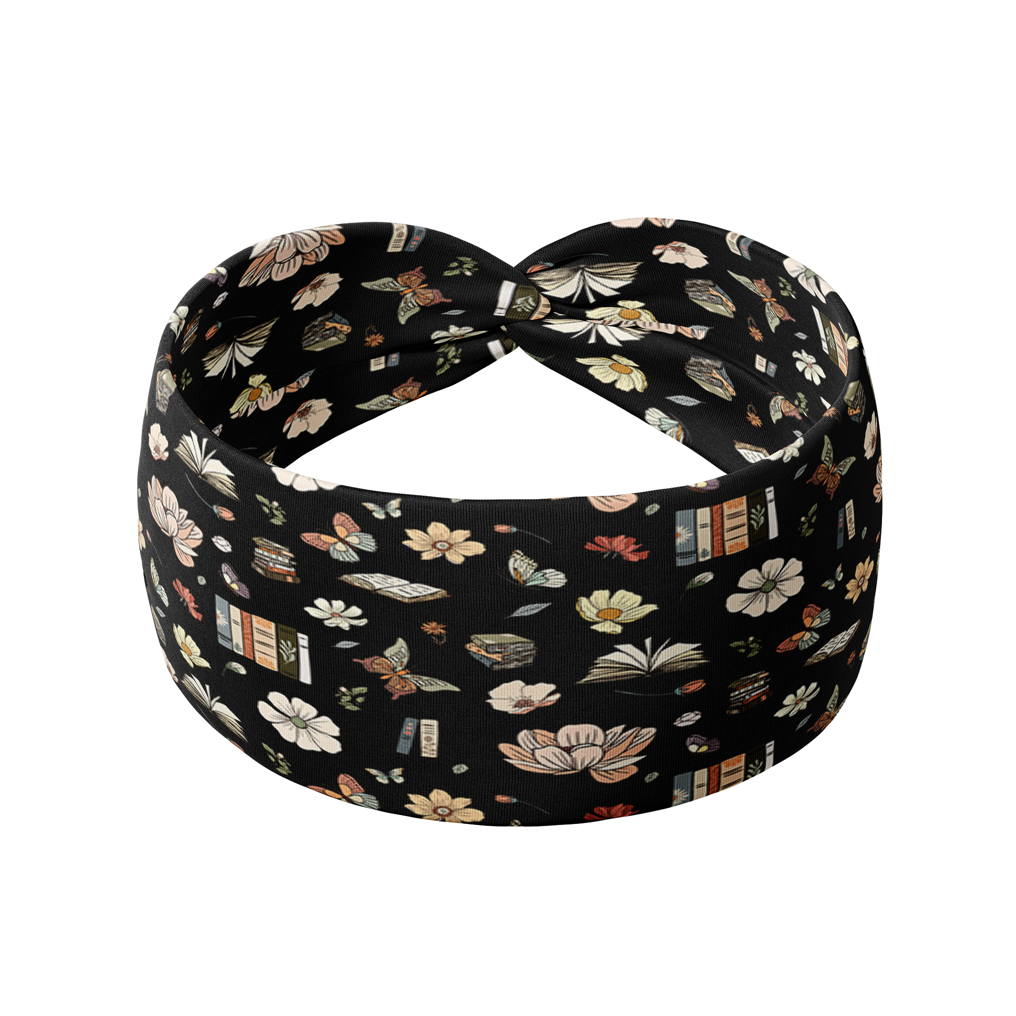 Midnight Mystery black headband featuring floral blooms, stacks of books and open books, crafted from a buttery-soft, ultra-stretchy poly-knit blend, designed for reliable non-slip comfort.
