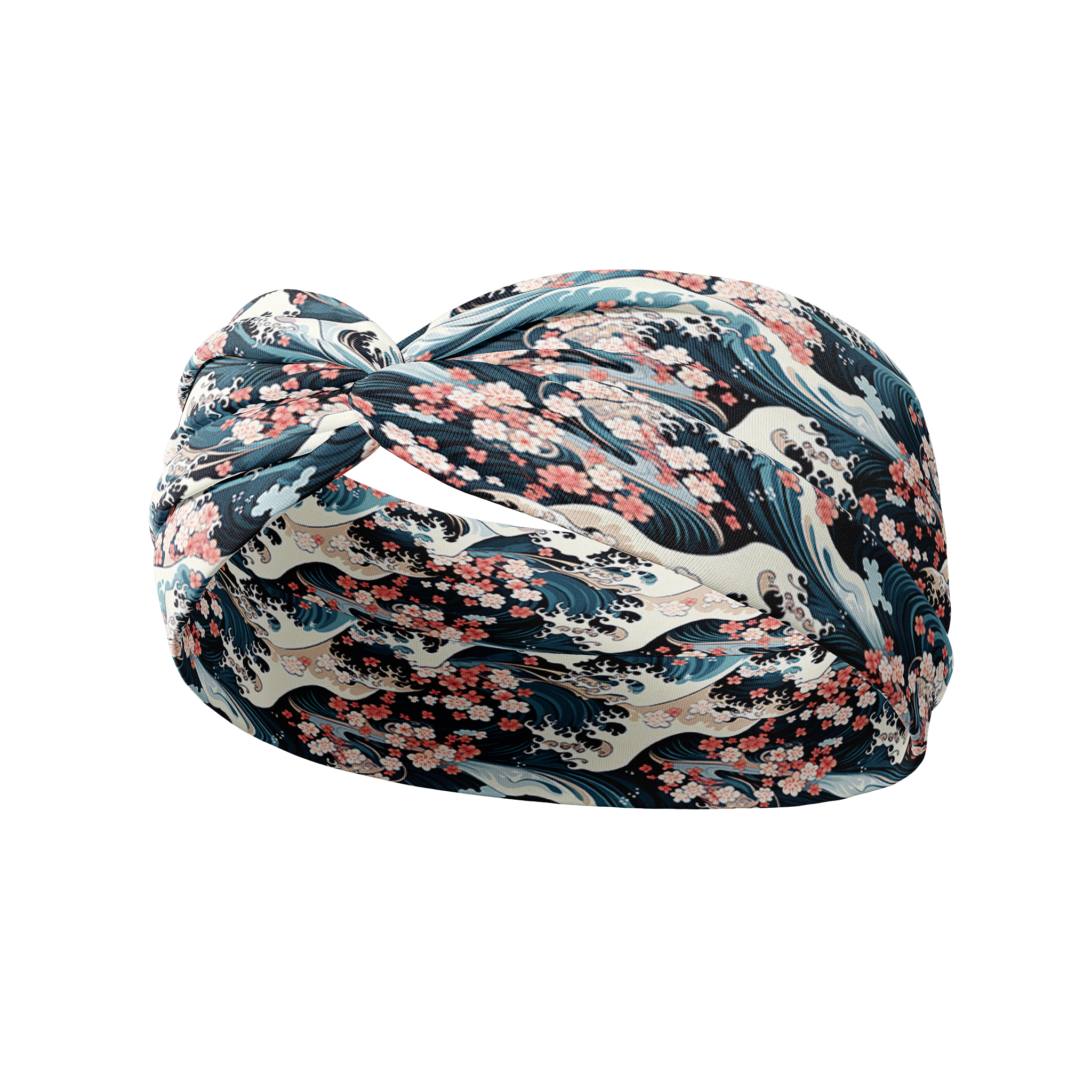 The Great Wave headband features a cherry blossom and waves design, made from a soft, stretchy poly-knit blend for versatile, non-slip wear.