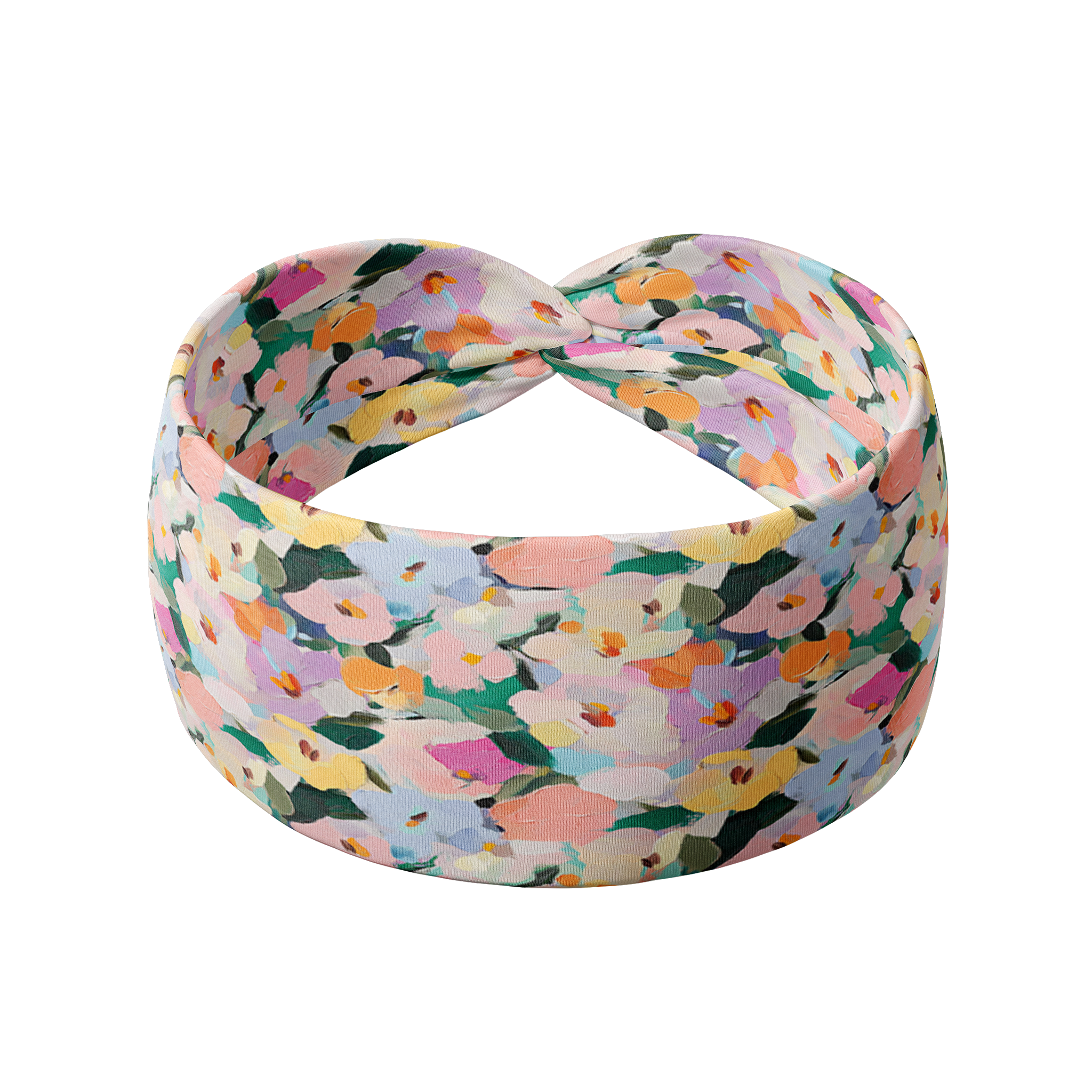 Tori Floral on Sage headband featuring a blue headband with pink, red, sage and blue flowers, crafted from a buttery-soft, ultra-stretchy poly-knit blend, designed for versatility and comfort.
