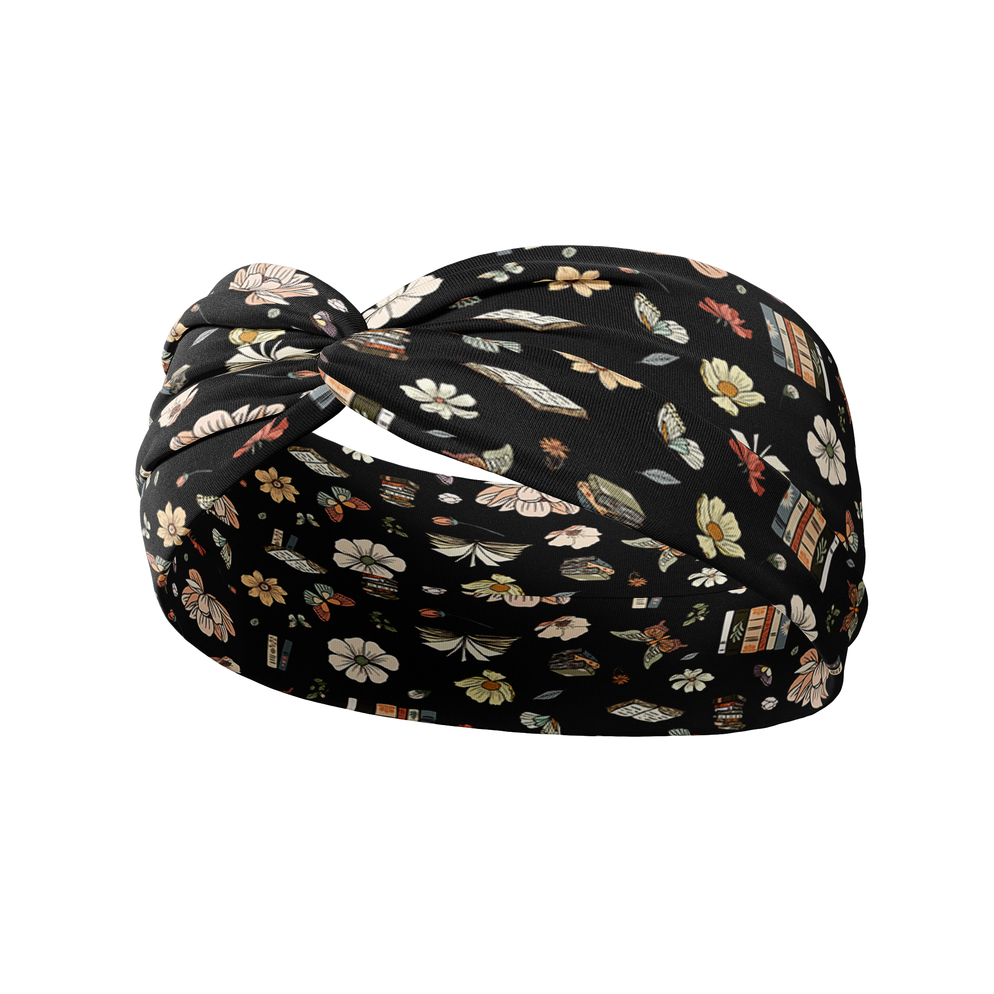 Midnight Mystery black headband featuring floral blooms, stacks of books and open books, crafted from a buttery-soft, ultra-stretchy poly-knit blend, designed for reliable non-slip comfort.