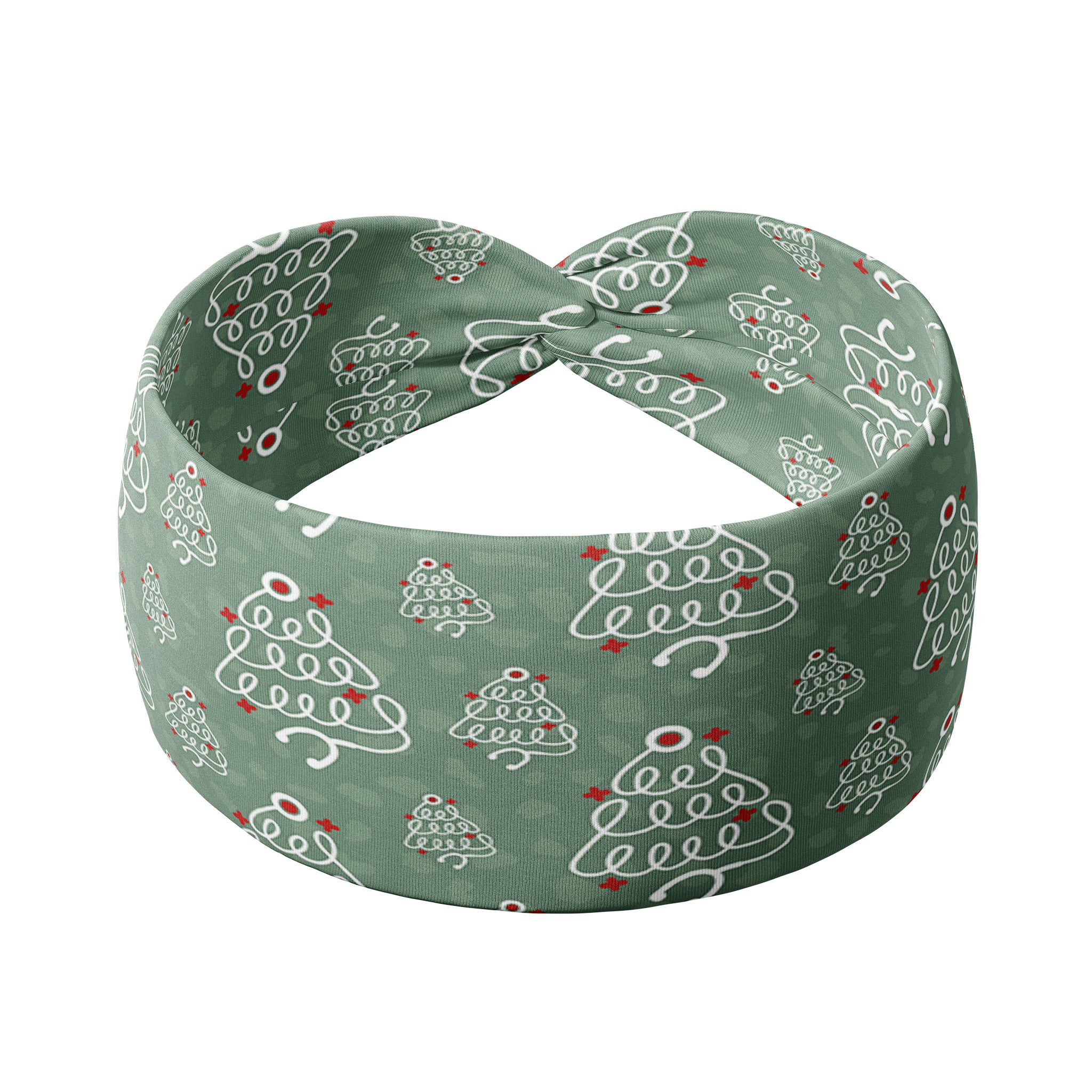 Adult women's sage headband with slightly lighter sage spots and white stethoscopes in the shape of Christmas trees