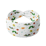 Hungry for Reading white headband featuring artistic gold, green and red dragons, crafted from a buttery-soft, ultra-stretchy poly-knit blend, designed for reliable non-slip comfort.