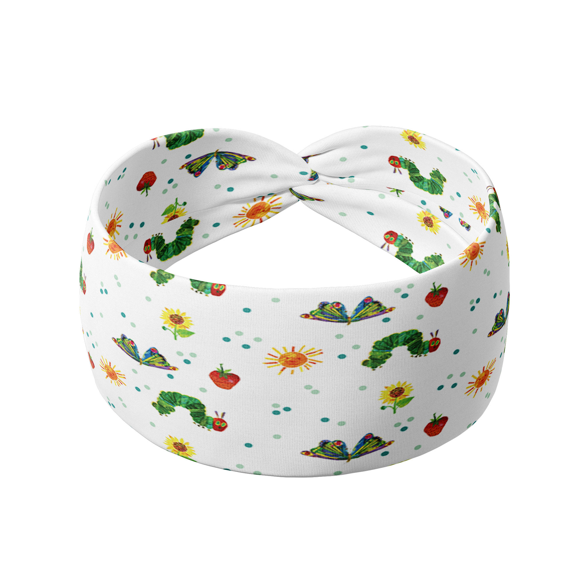 Hungry for Reading white headband featuring artistic gold, green and red dragons, crafted from a buttery-soft, ultra-stretchy poly-knit blend, designed for reliable non-slip comfort.