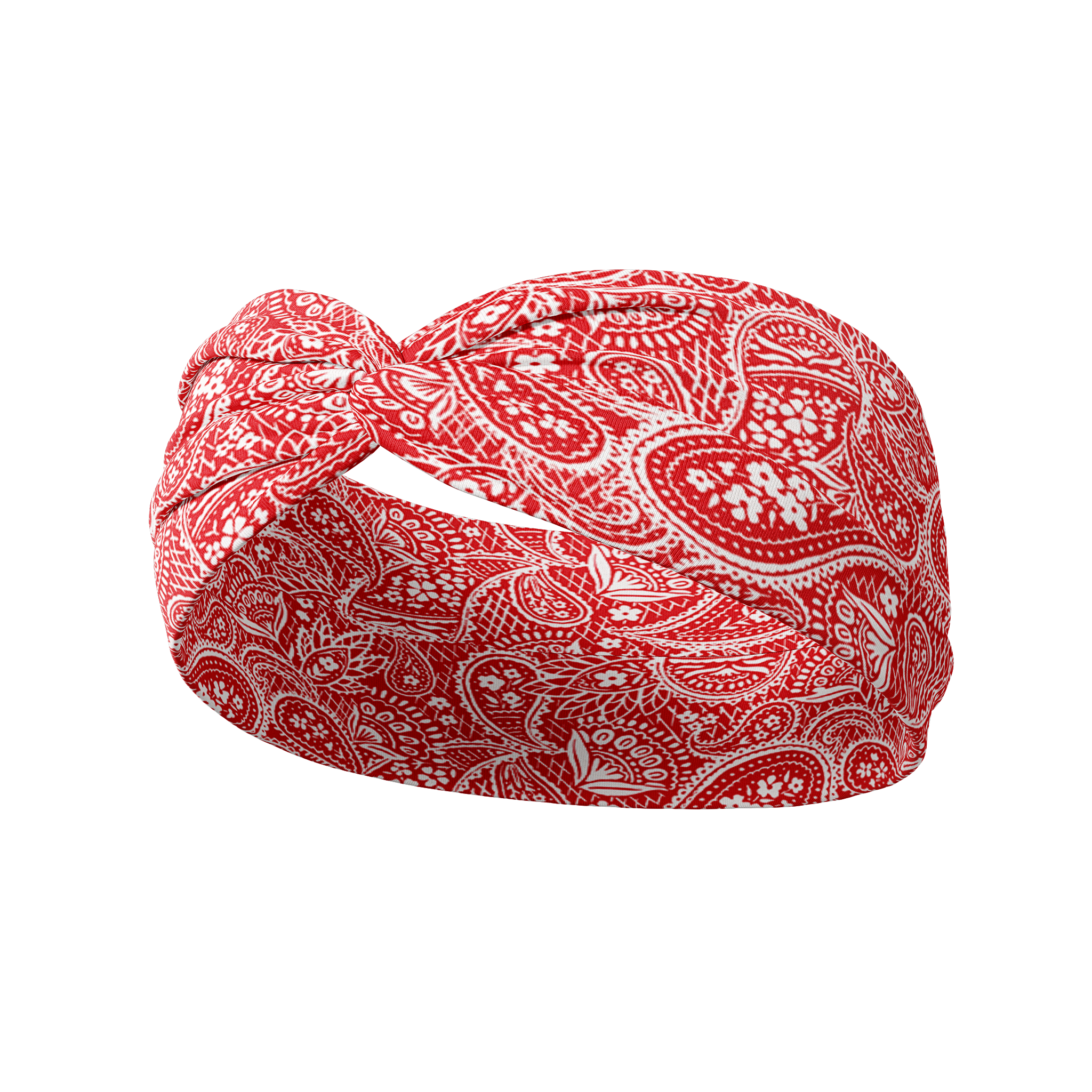 Summer Nights on Cherry headband featuring red and white paisley pattern, crafted from a buttery-soft, ultra-stretchy poly-knit blend, the most comfortable hair accessory ever.