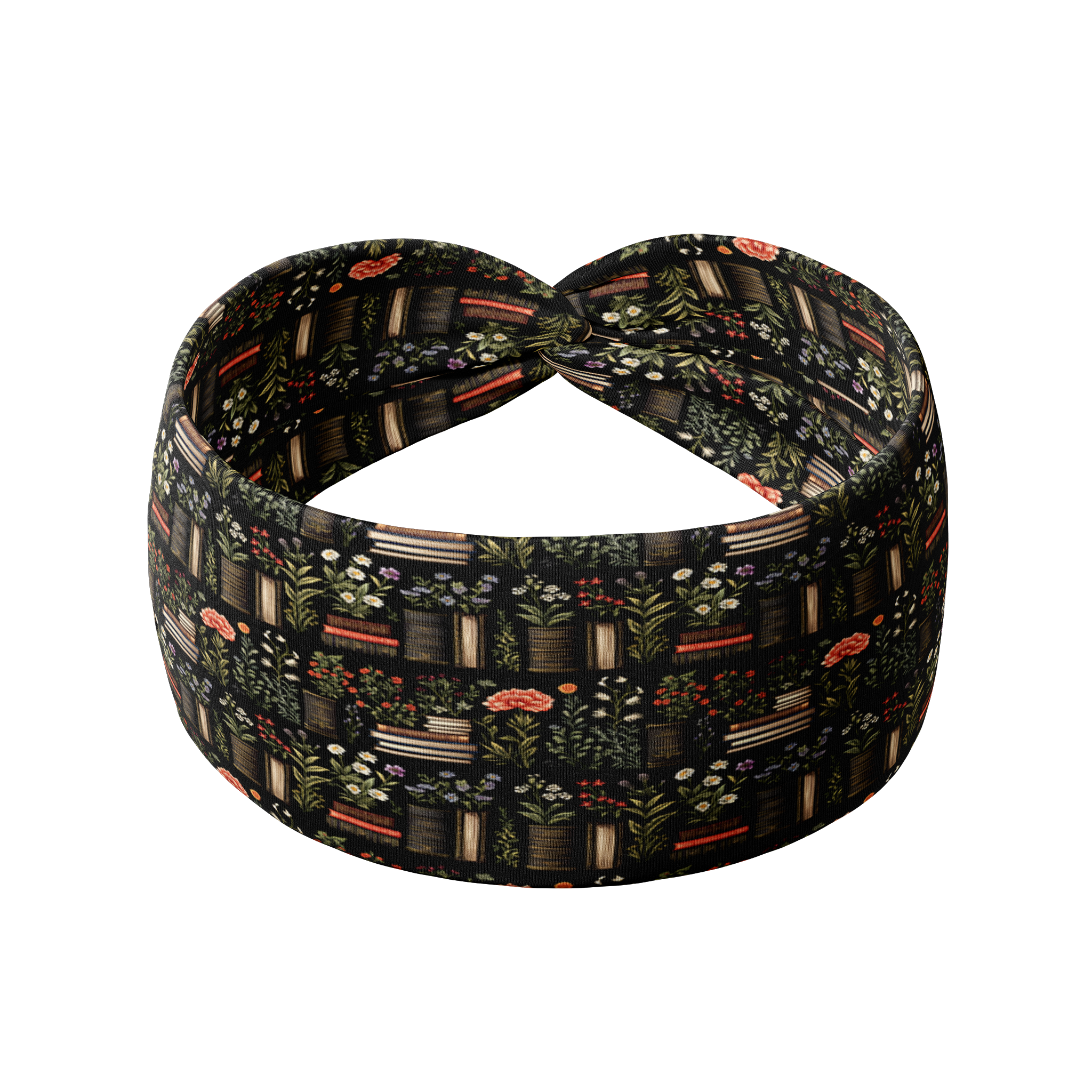 The Enchanted Garden black headband features books and plants design, made from a soft, stretchy poly-knit blend for versatile, non-slip wear.