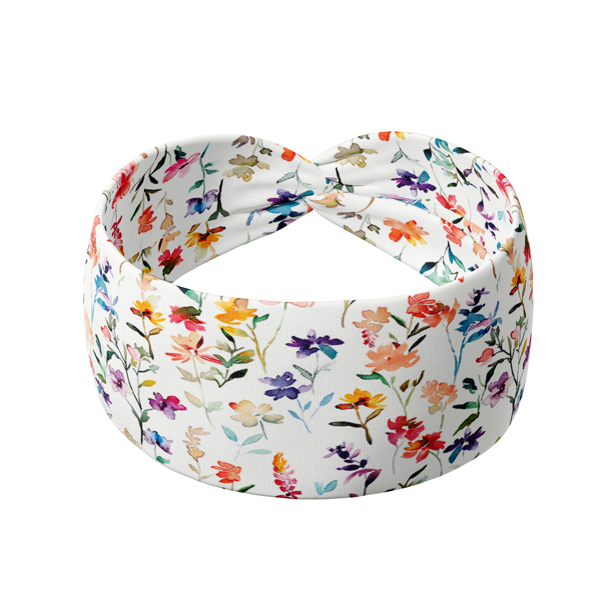 Willow Floral on Ivory headband featuring medium stems of purple, yellow, peach and red watercolor flowers, crafted from a buttery-soft, ultra-stretchy poly-knit blend, designed for versatility and comfort.