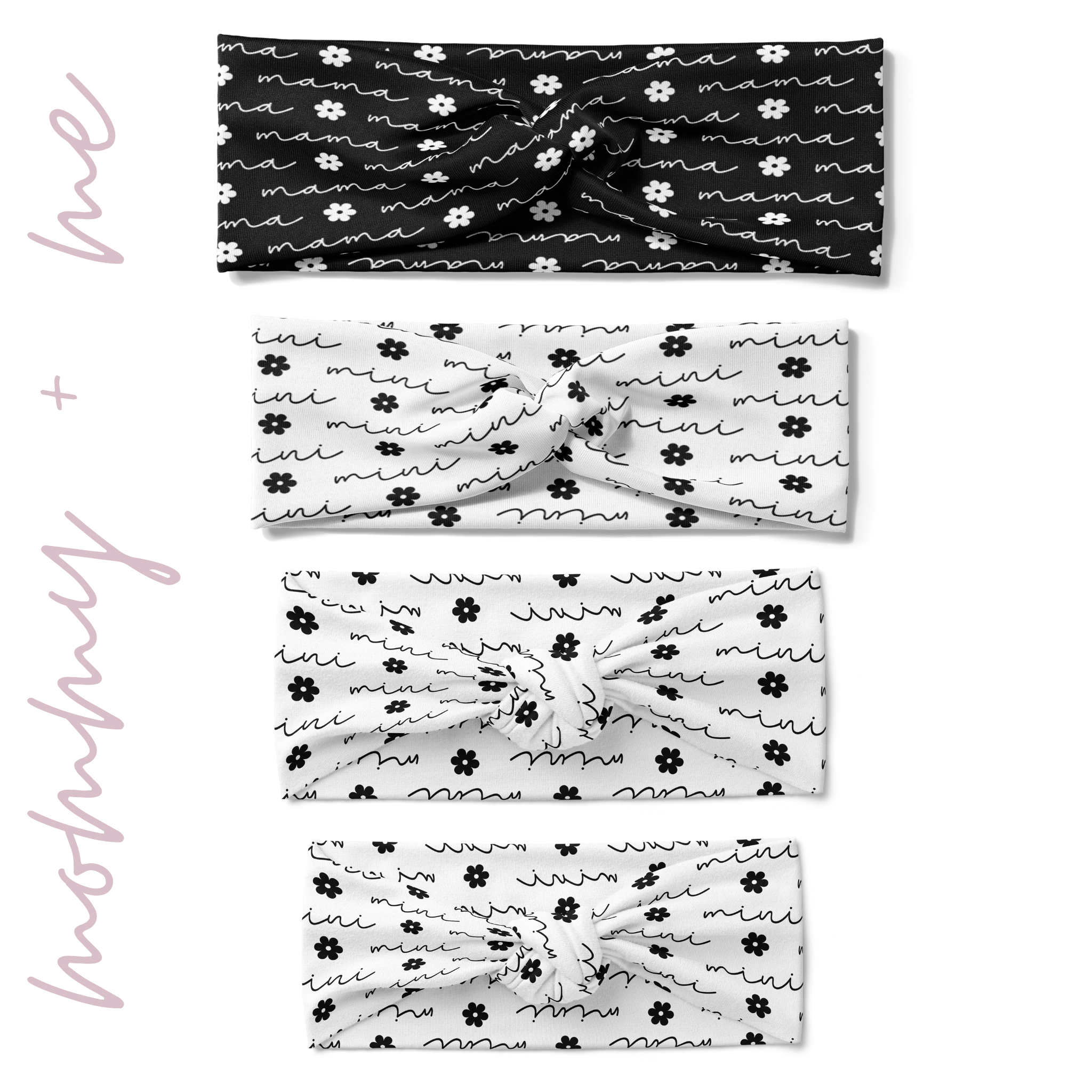 Adult women, child, toddler and baby headbands with black adult size with white cursive that says "mama" with white flowers in between, and white child, toddler and baby headbands with cursive that says "mini" and black flowers in between