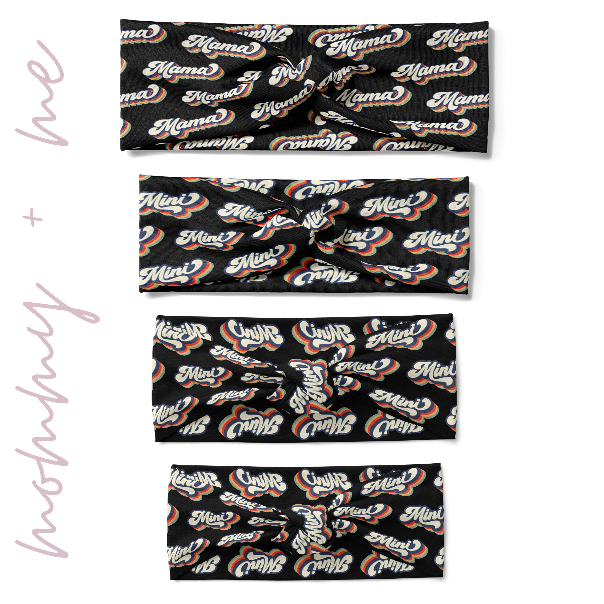 Adult women's, child, toddler and baby black headbands with allover rainbow 70's script saying "Mama" on the women's size and "mini" on the child, toddler and baby sizes