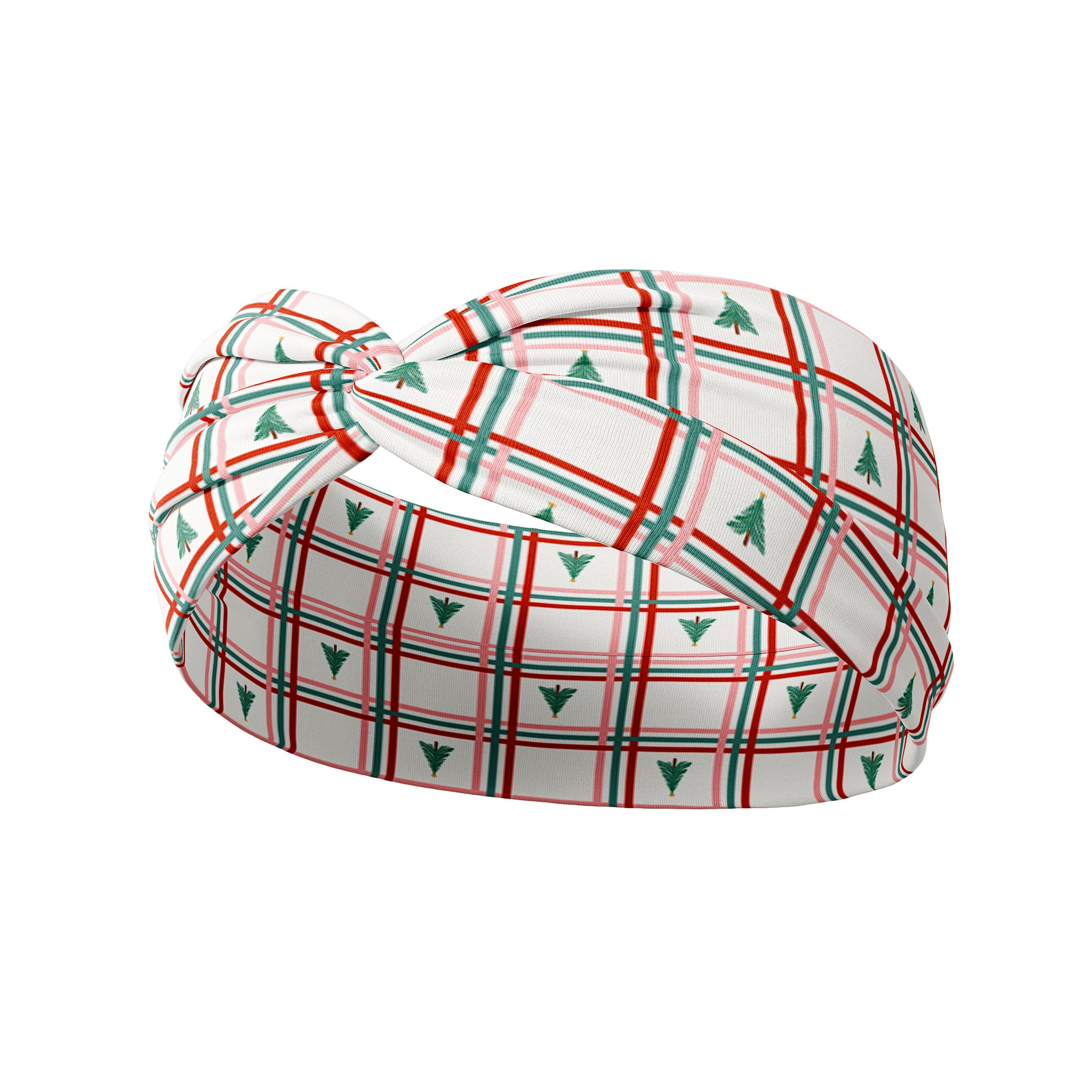 Been an Angel All Year white headband with red, green and pink plaid pattern and tiny trees, featuring a versatile 3-in-1 twist style, buttery-soft poly-knit blend, and non-slip, sweat-absorbent double-layer fabric.