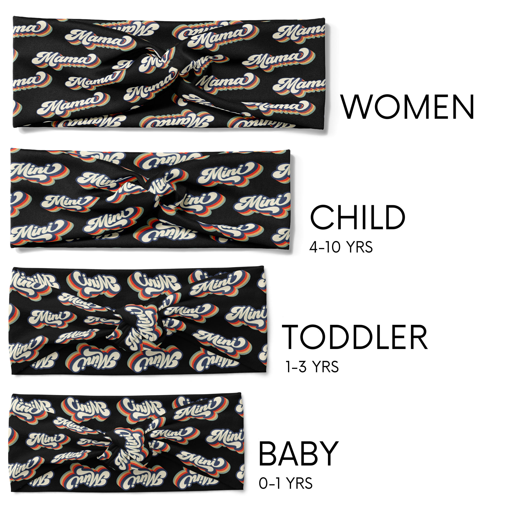 Adult women's, child, toddler and baby black headbands with allover rainbow 70's script saying "Mama" on the women's size and "mini" on the child, toddler and baby sizes