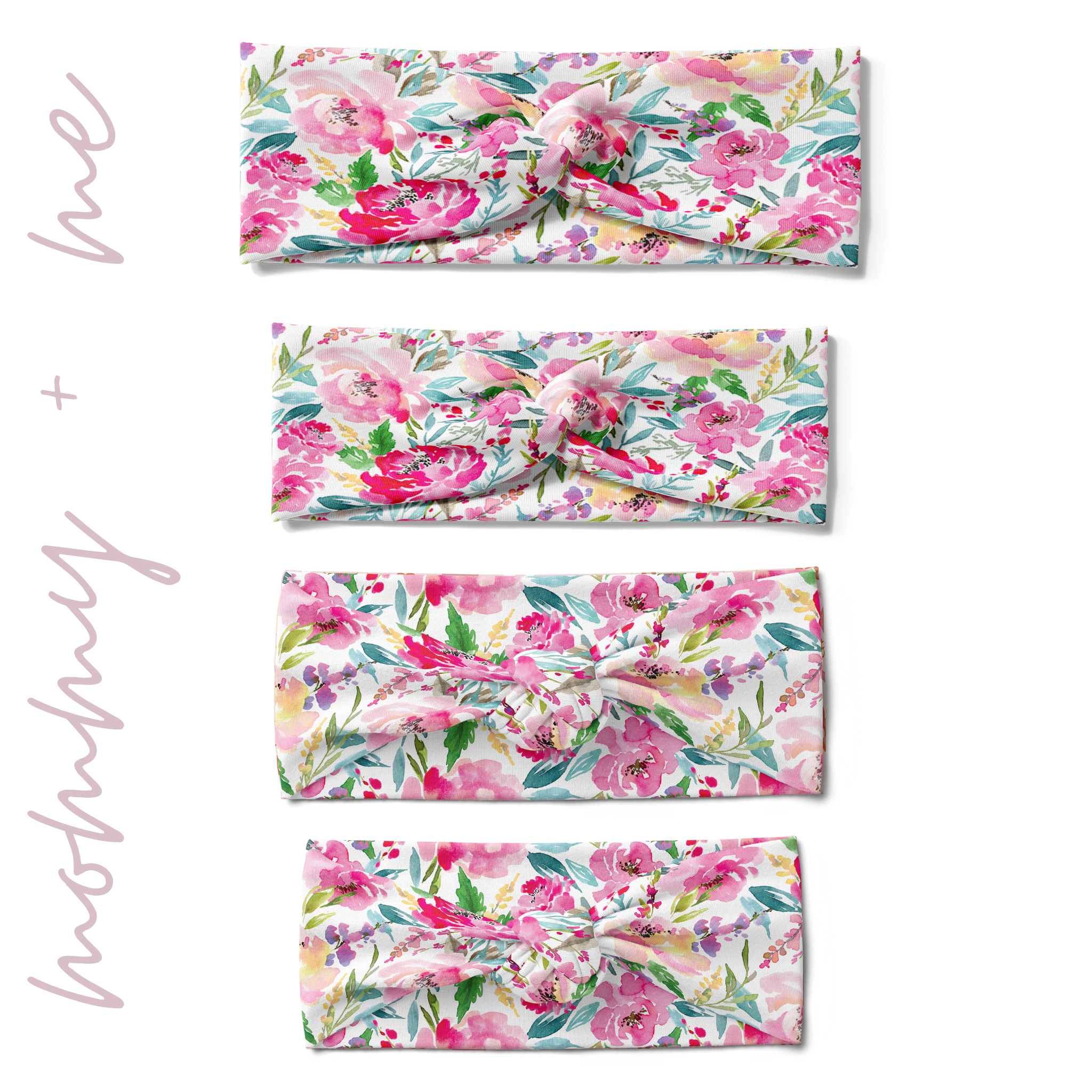 Riley Floral on Ivory headbands in adult, child, toddler and baby sizes. Adjustable bow tie style for all ages, machine washable, ultra-soft poly-knit blend. Designed in Springfield, MO.