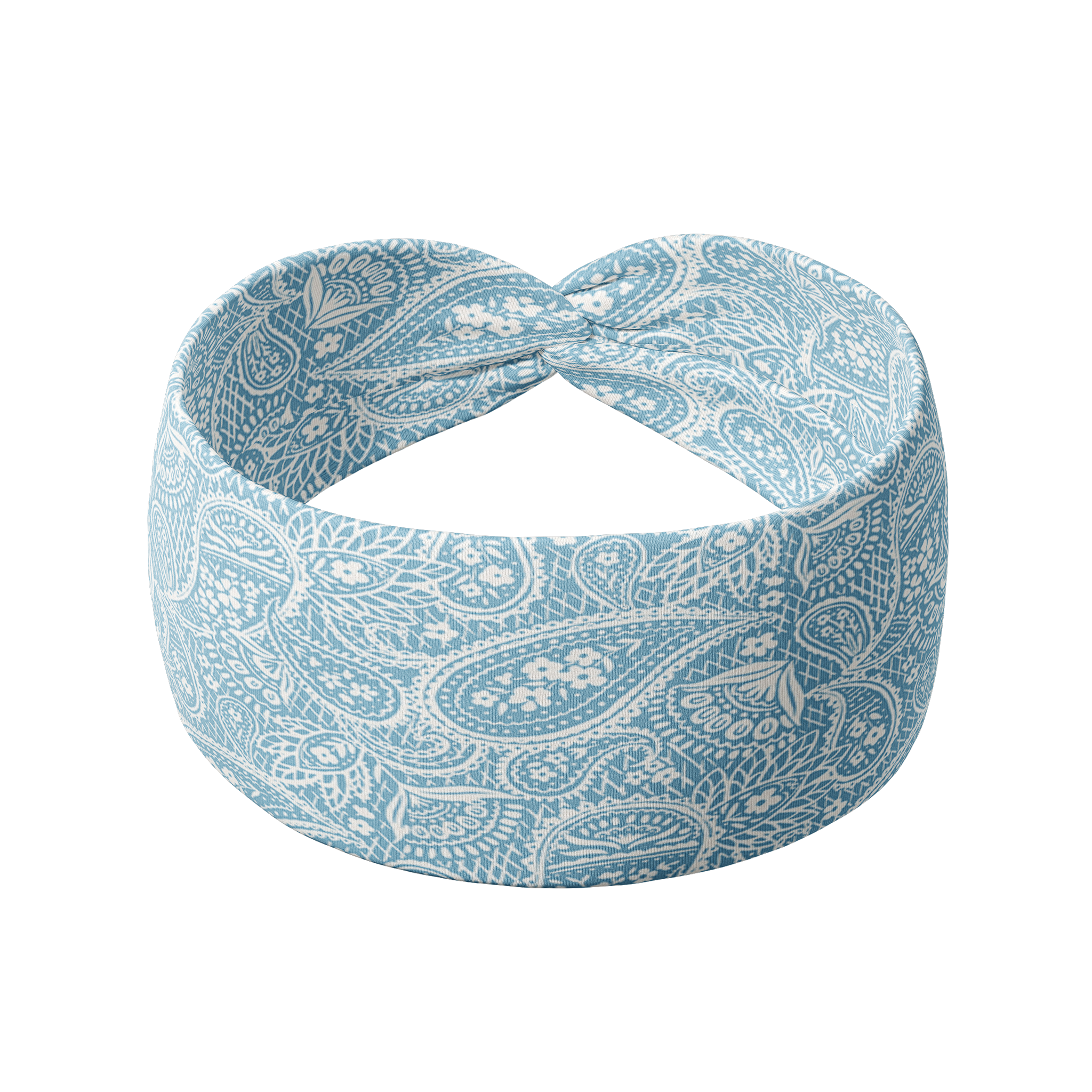 Summer Nights on Baby Blue headband featuring blue and white paisley pattern, crafted from a buttery-soft, ultra-stretchy poly-knit blend, the most comfortable hair accessory ever.