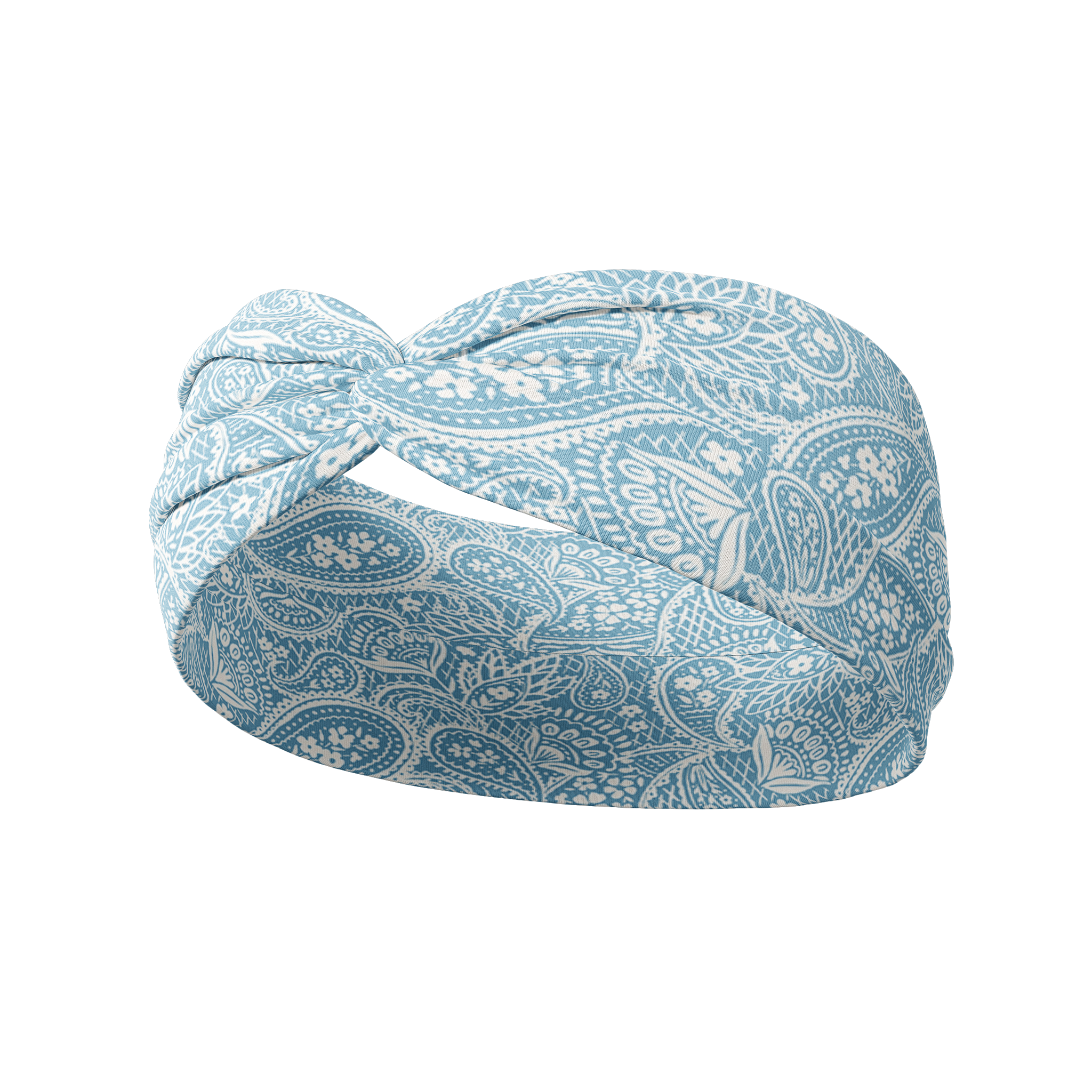 Summer Nights on Baby Blue headband featuring blue and white paisley pattern, crafted from a buttery-soft, ultra-stretchy poly-knit blend, the most comfortable hair accessory ever.