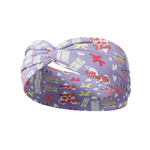 Lavender Library Lover purple headband featuring yellow and pink bows, library cards, and white hearts with the pink script "Meet me in the Library", crafted from a buttery-soft, ultra-stretchy poly-knit blend, designed for reliable non-slip comfort.