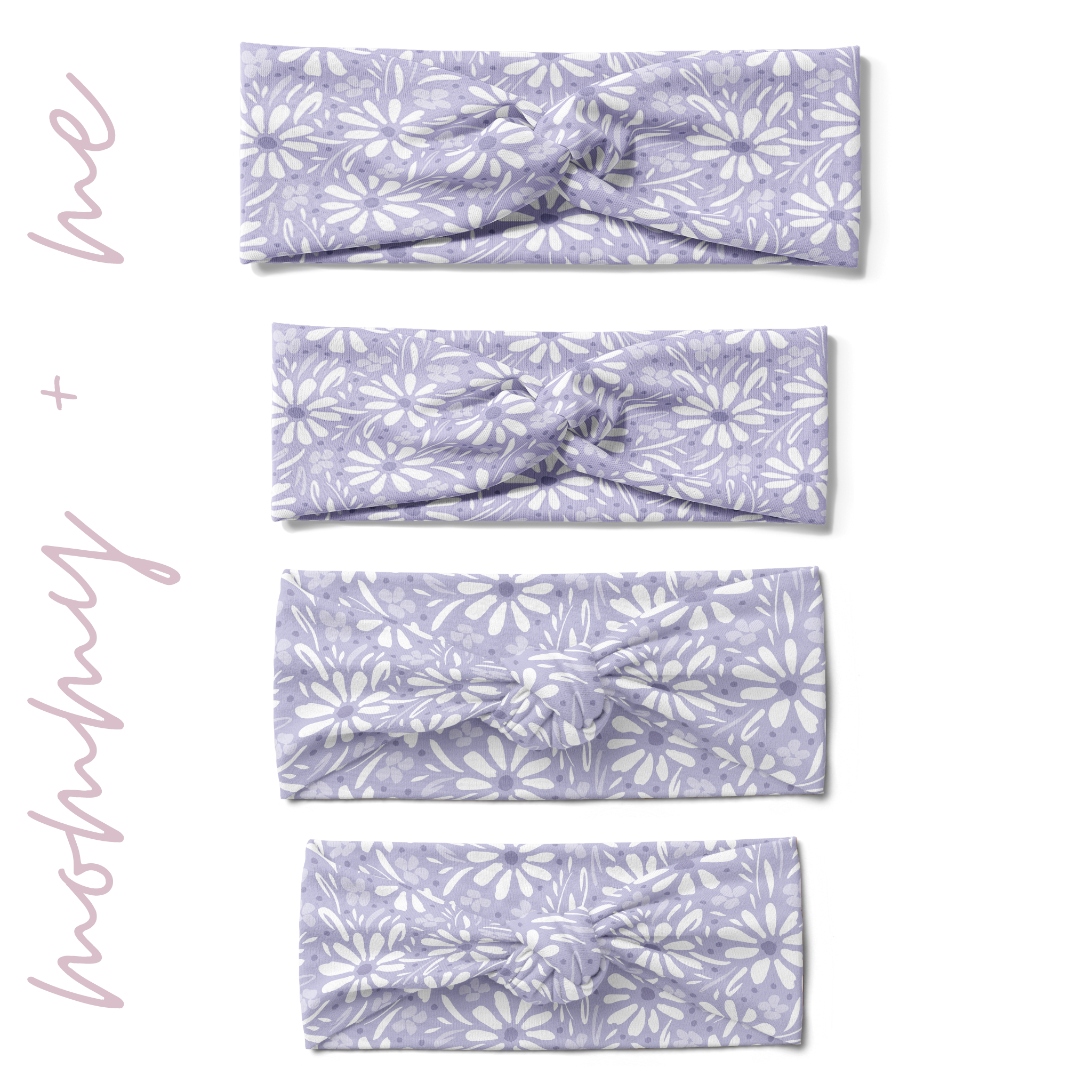 Darby Floral on Purple headbands in adult, child, toddler and baby sizes. Adjustable bow tie style for all ages, machine washable, ultra-soft poly-knit blend. Designed in Springfield, MO.