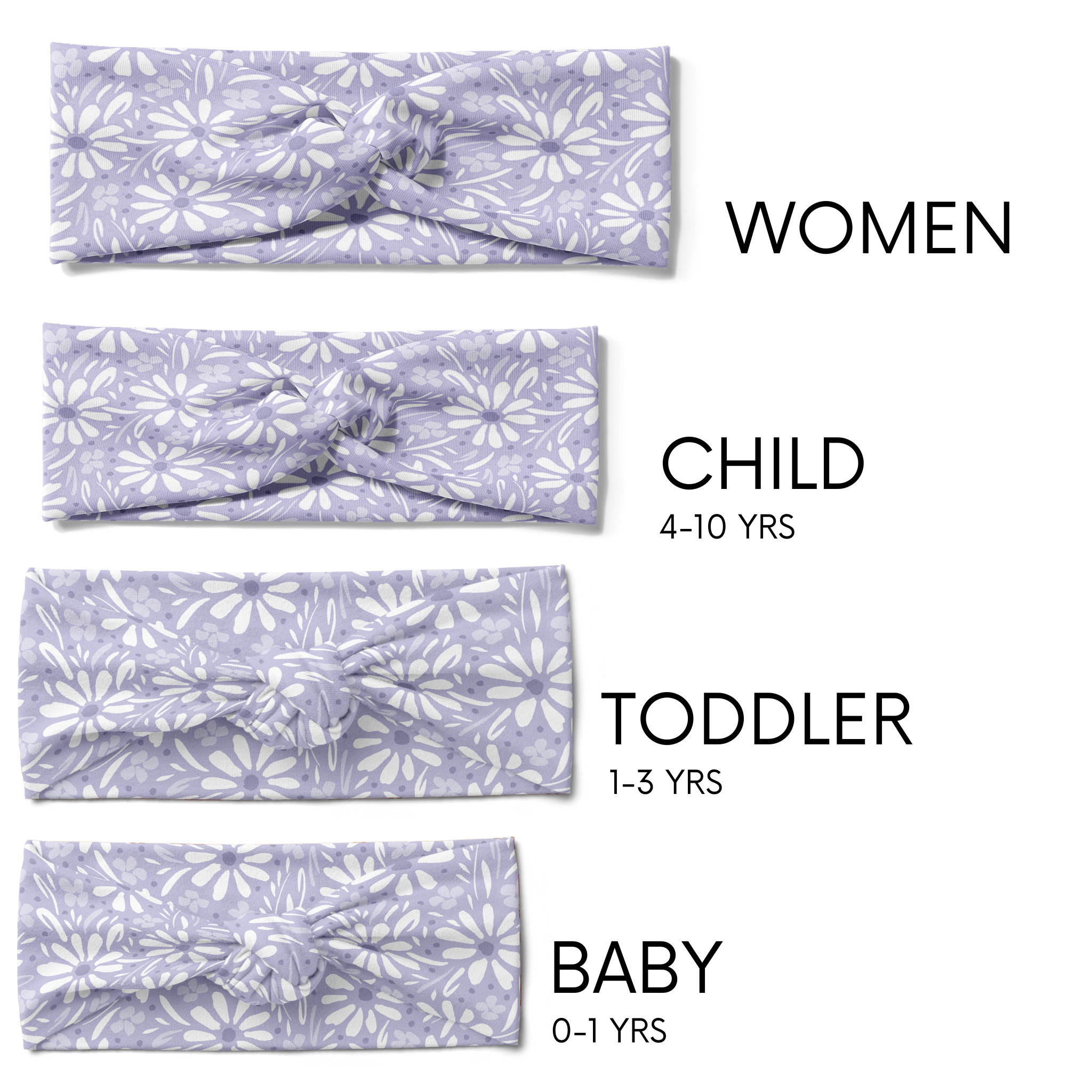 Darby Floral on Purple headbands in adult, child, toddler and baby sizes. Adjustable bow tie style for all ages, machine washable, ultra-soft poly-knit blend. Designed in Springfield, MO.