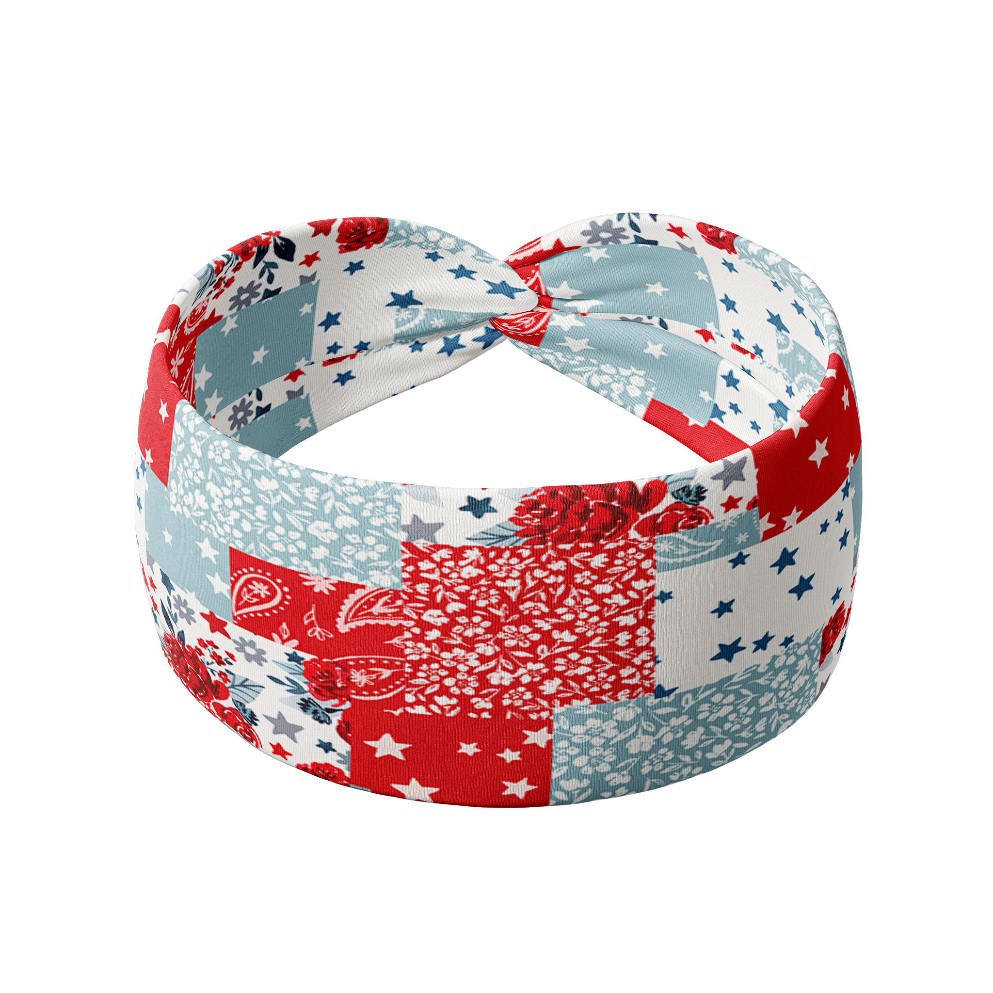 You Look Like the Fourth of July headband featuring red, white and blue patchwork quilt pattern, crafted from a buttery-soft, ultra-stretchy poly-knit blend, the most comfortable hair accessory ever.