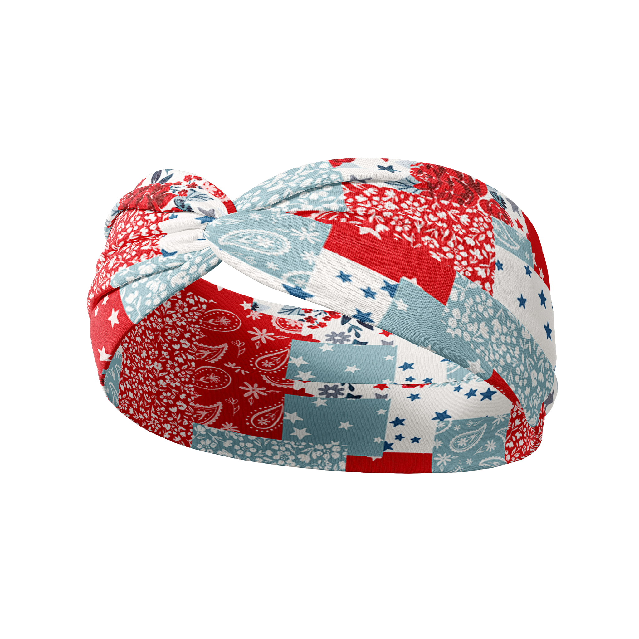 You Look Like the Fourth of July headband featuring red, white and blue patchwork quilt pattern, crafted from a buttery-soft, ultra-stretchy poly-knit blend, the most comfortable hair accessory ever.