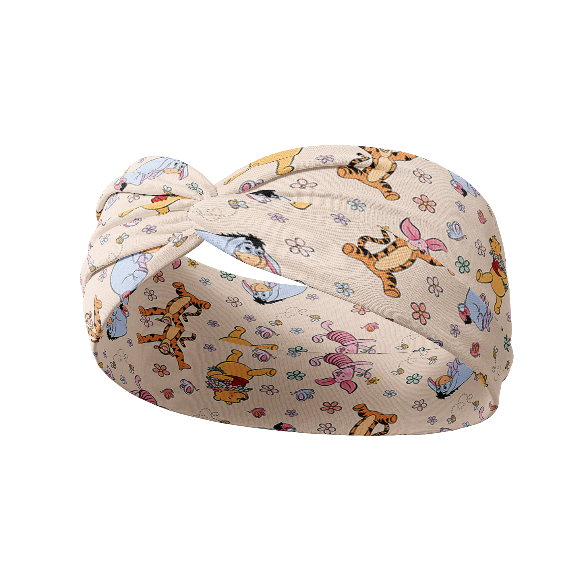 Limited Edition Hunny & Friends tan headband featuring Winnie the Pooh characters and small daisies, crafted from a buttery-soft, ultra-stretchy poly-knit blend, designed for reliable non-slip comfort.