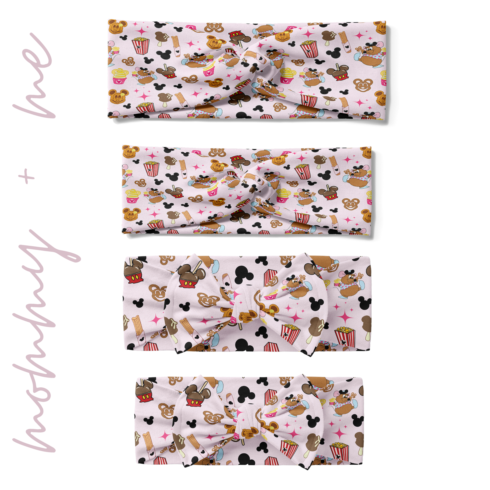 Multiple sizes of Gus Gus: The Snack Tour - Mommy & Me headbands with Disney Cinderella designs, featuring a twist knot style and adjustable bows for toddlers and babies.