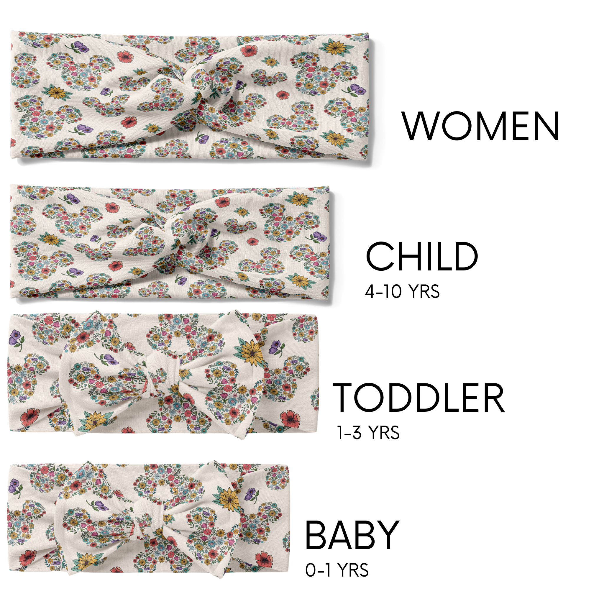 Group of EST. 1923 - Mommy & Me twist knot headbands, featuring floral Mickey Mouse patterns, various sizes for adults, children, and adjustable bow pieces for toddlers and babies.