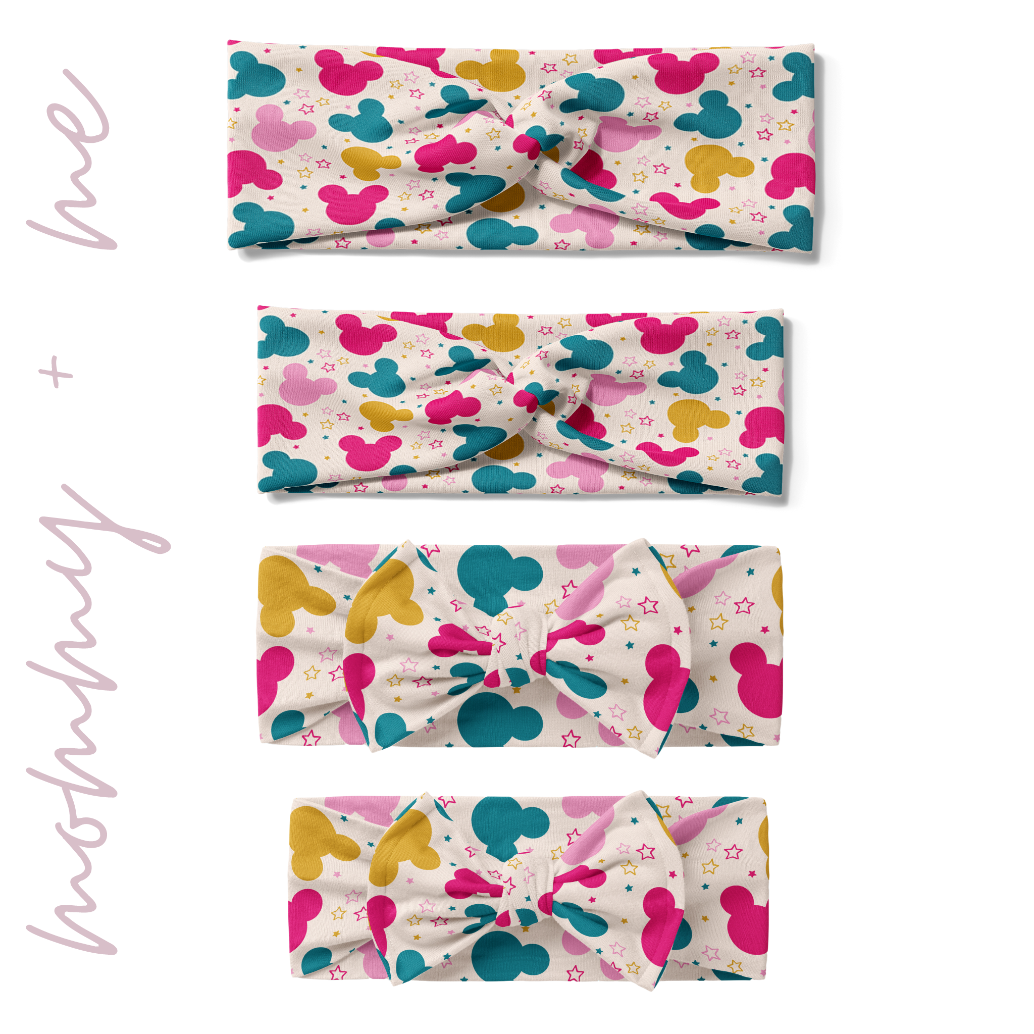 Multiple sizes of the I'm All Ears - Mommy & Me twist knot headbands with Mickey Mouse head pattern, perfect for matching family sets with adjustable bow for toddler and baby sizes.