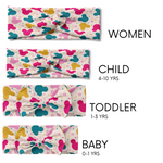Multiple sizes of the I'm All Ears - Mommy & Me twist knot headbands with Mickey Mouse head pattern, perfect for matching family sets with adjustable bow for toddler and baby sizes.