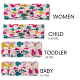 Multiple sizes of the I'm All Ears - Mommy & Me twist knot headbands with Mickey Mouse head pattern, perfect for matching family sets with adjustable bow for toddler and baby sizes.