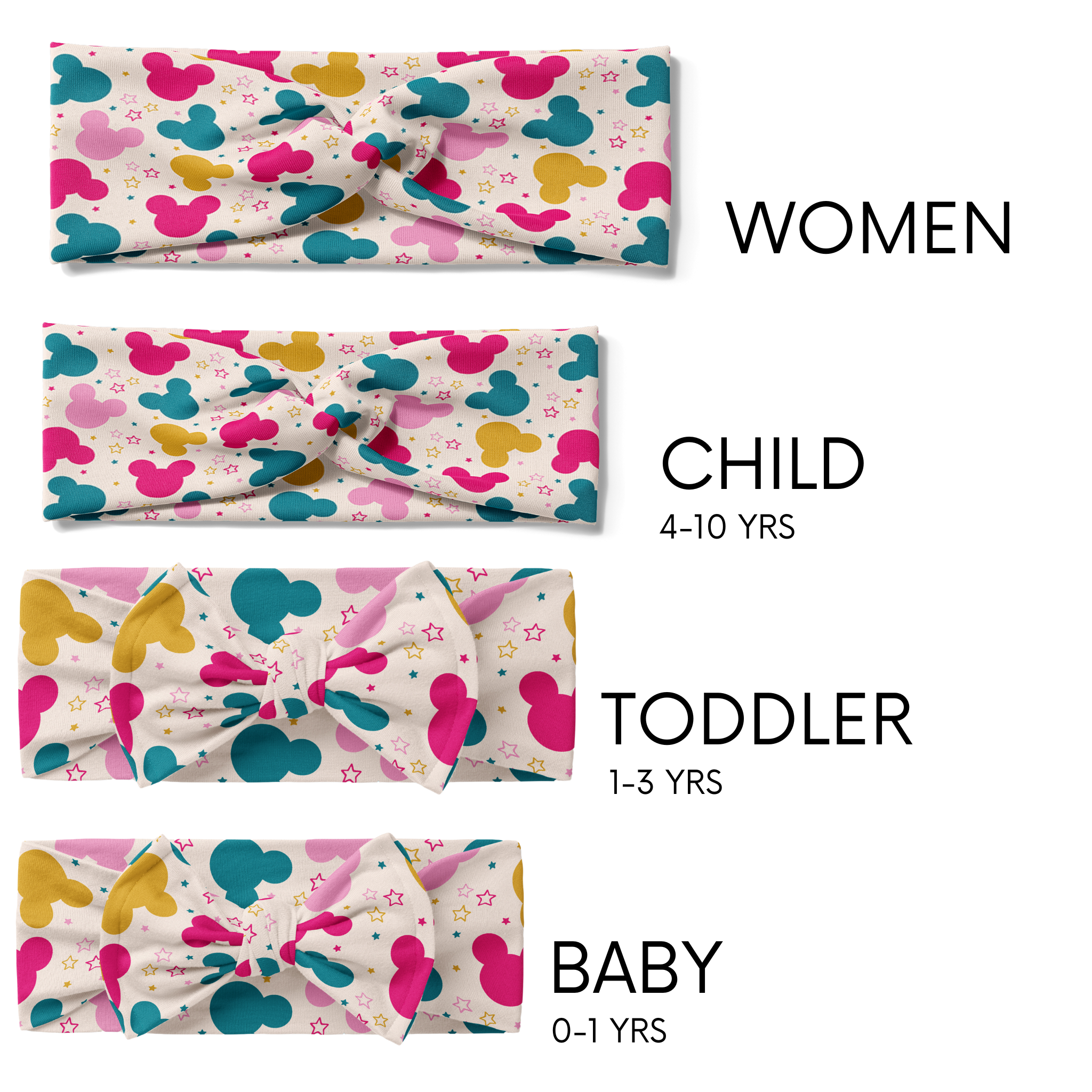 Multiple sizes of the I'm All Ears - Mommy & Me twist knot headbands with Mickey Mouse head pattern, perfect for matching family sets with adjustable bow for toddler and baby sizes.