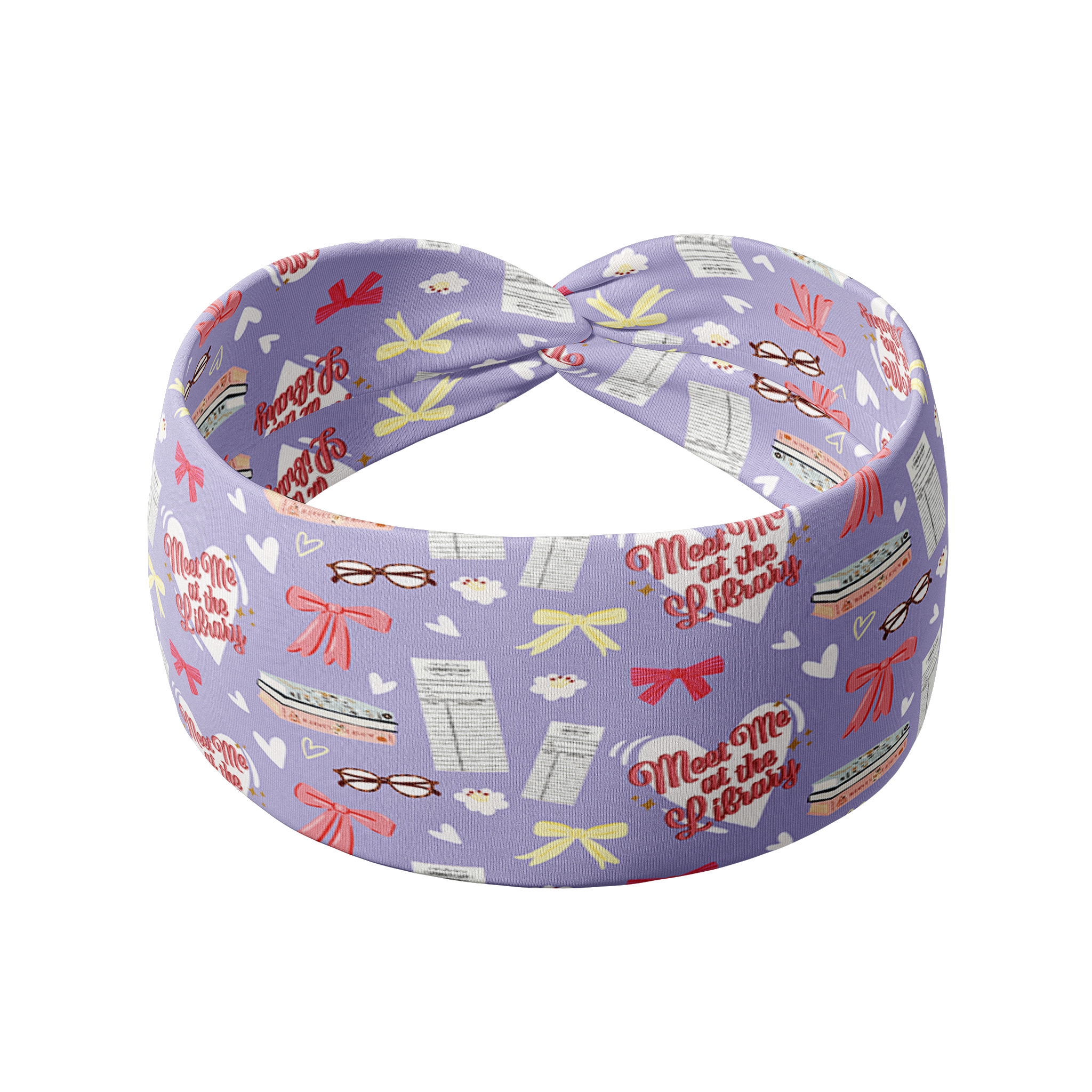 Lavender Library Lover purple headband featuring yellow and pink bows, library cards, and white hearts with the pink script 