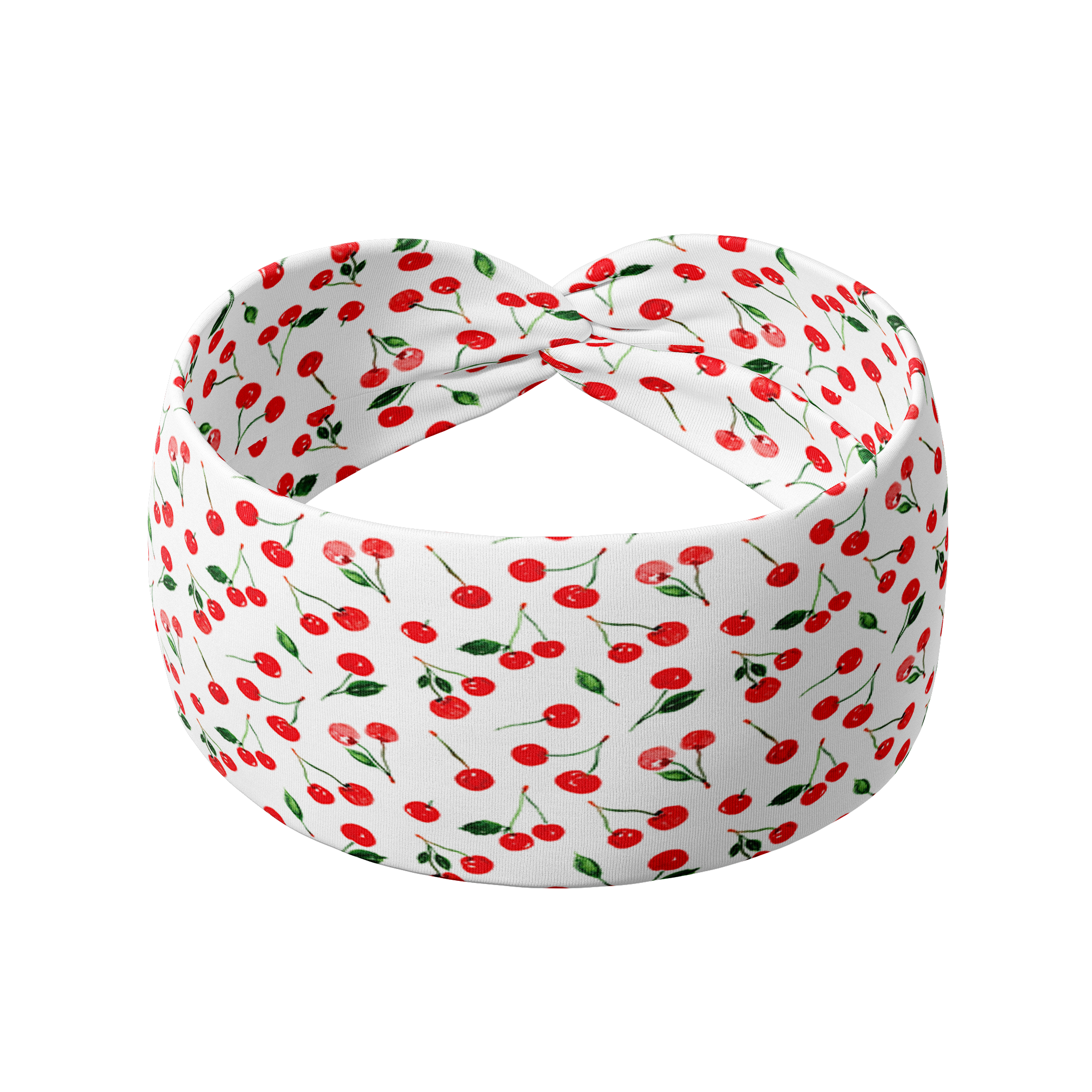 Life is Sweet white headband featuring small red cherries pattern, crafted from a buttery-soft, ultra-stretchy poly-knit blend, the most comfortable hair accessory ever.