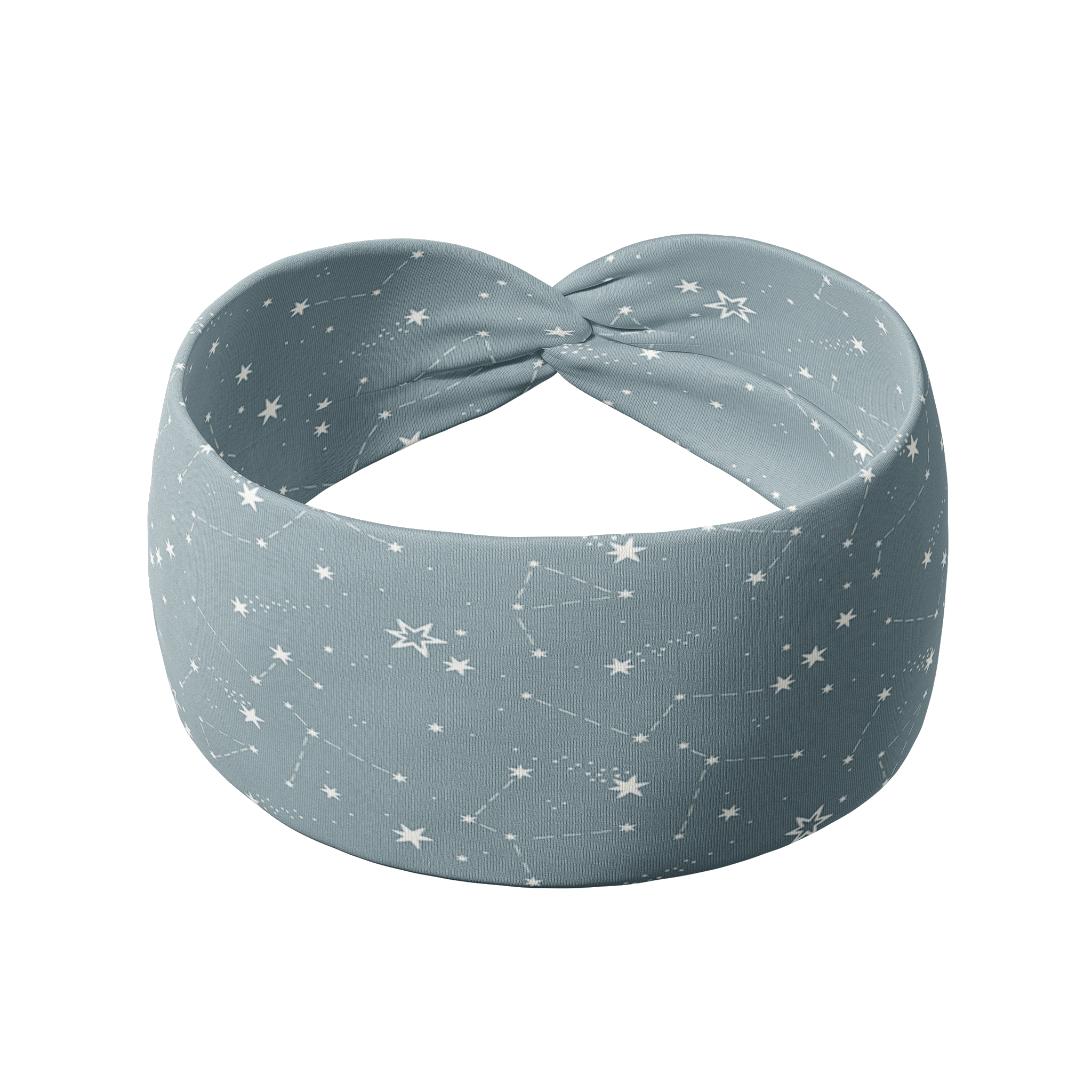 Lost in Space soft blue headband featuring white constellations, made from a soft, stretchy poly-knit blend for versatile, non-slip wear.