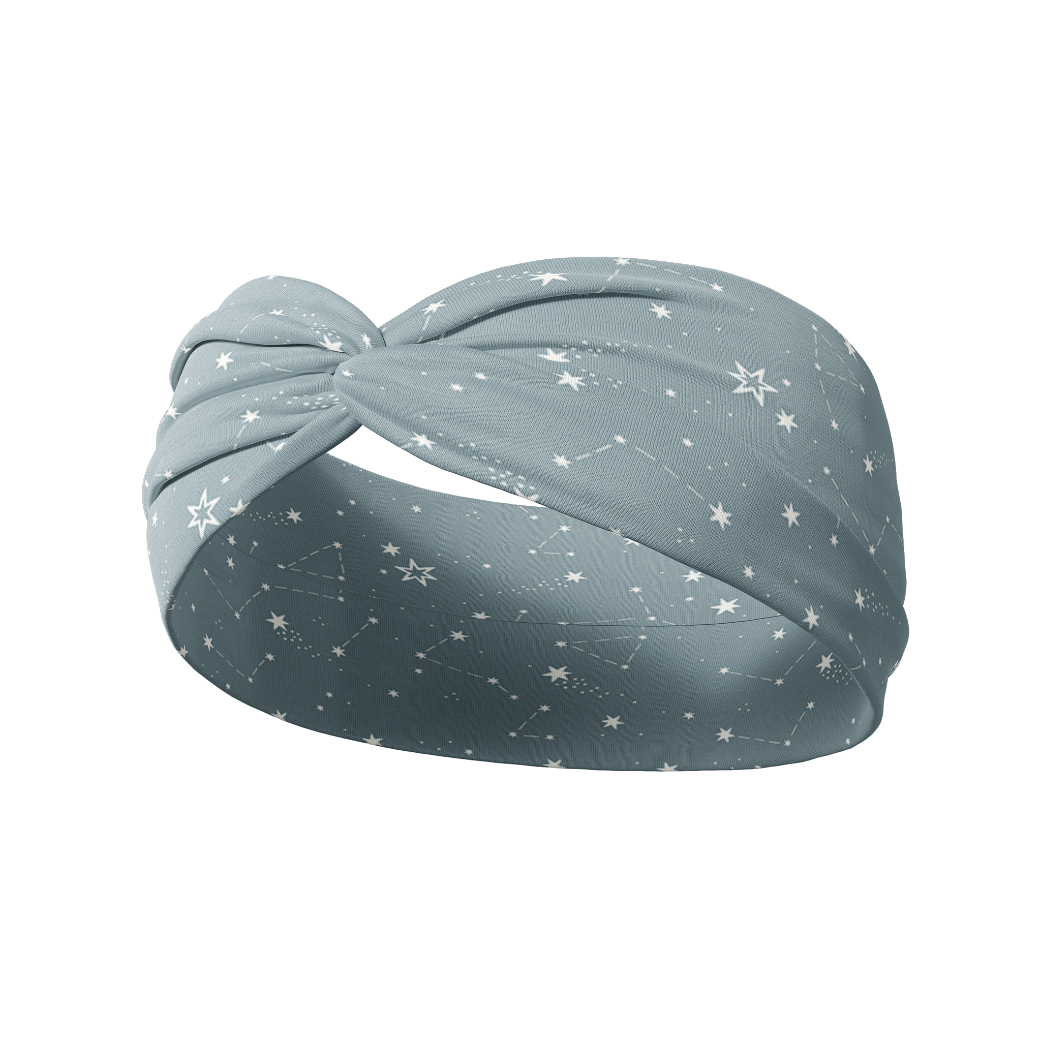 Lost in Space soft blue headband featuring white constellations, made from a soft, stretchy poly-knit blend for versatile, non-slip wear.