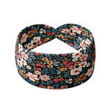 Keely Floral on Black headband, featuring a red, pink, white, blue and green floral pattern, crafted from soft poly-knit blend for versatile wear and non-slip performance.