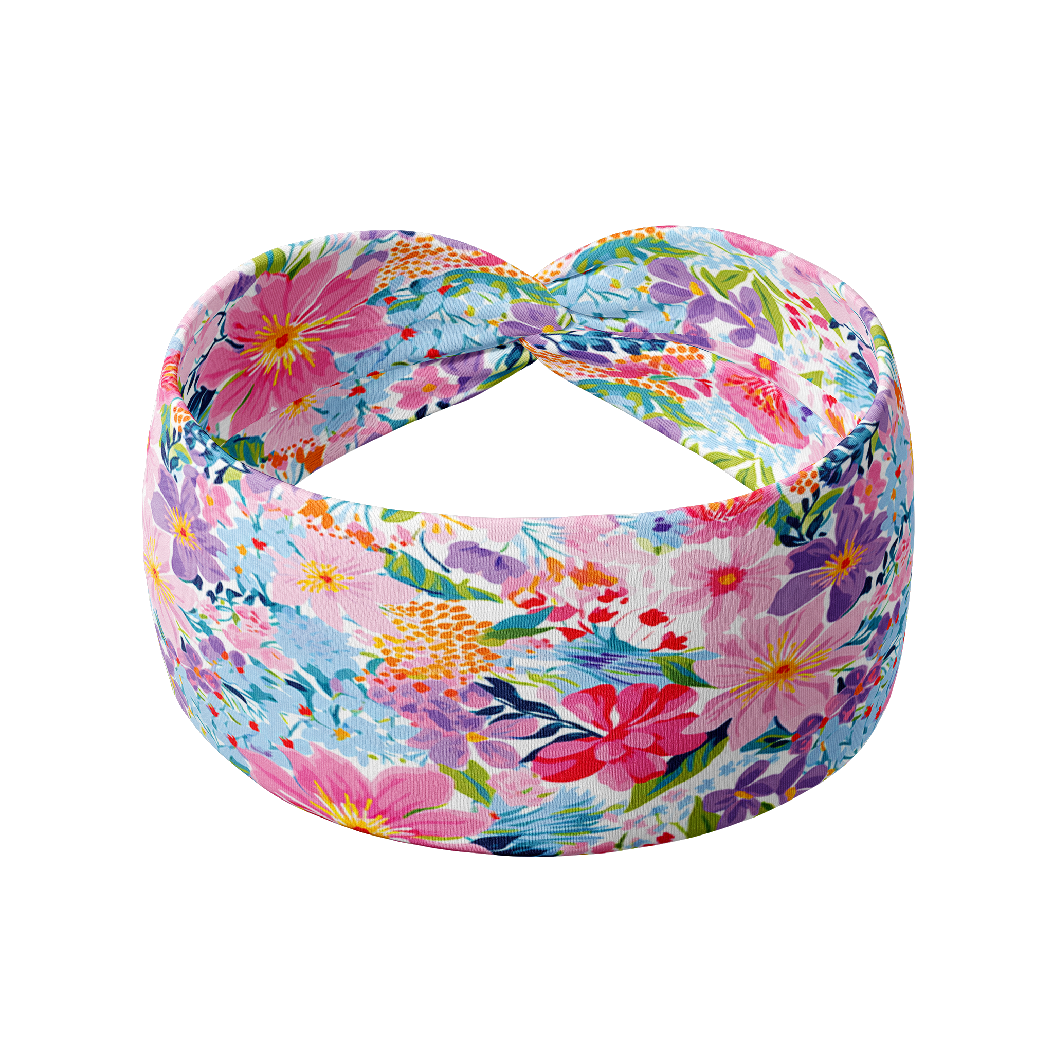 Erica Floral on Ivory headband featuring purple, blue and pink flowers, crafted from a buttery-soft, ultra-stretchy poly-knit blend, designed for versatility and comfort.