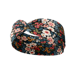 Keely Floral on Black headband, featuring a red, pink, white, blue and green floral pattern, crafted from soft poly-knit blend for versatile wear and non-slip performance.